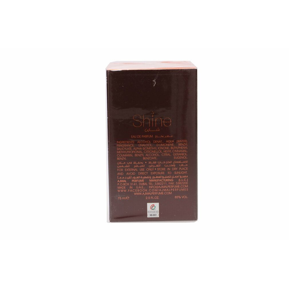Braune rechteckige Schachtel mit Text. Aufschrift: Shine Eau de Parfum. Inhaltsstoffe und weitere Informationen sind aufgedruckt.