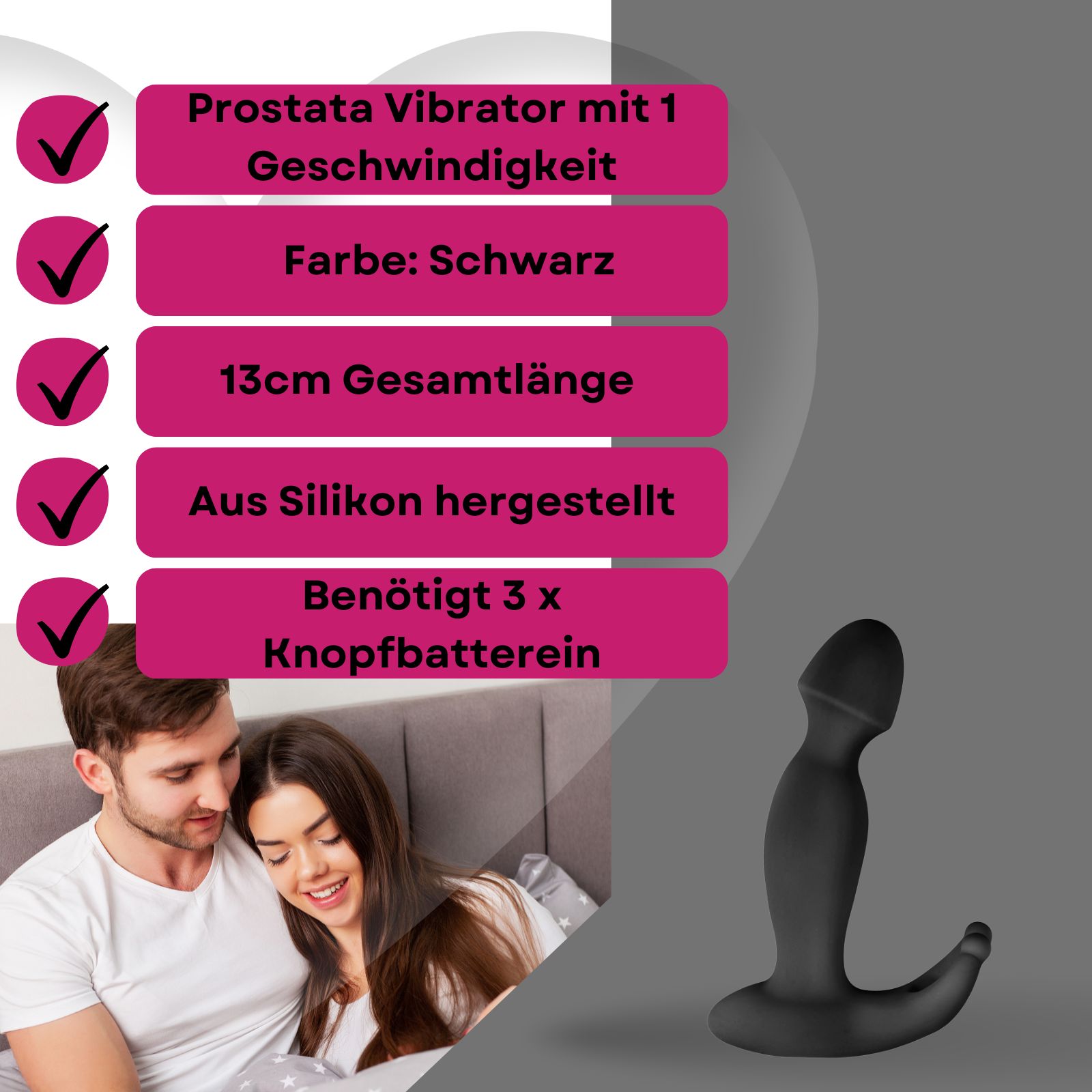 Schwarzer Vibrator. Text: Prostata Vibrator, Farbe: Schwarz, 13cm, Silikon, 3 Knopfzellen.