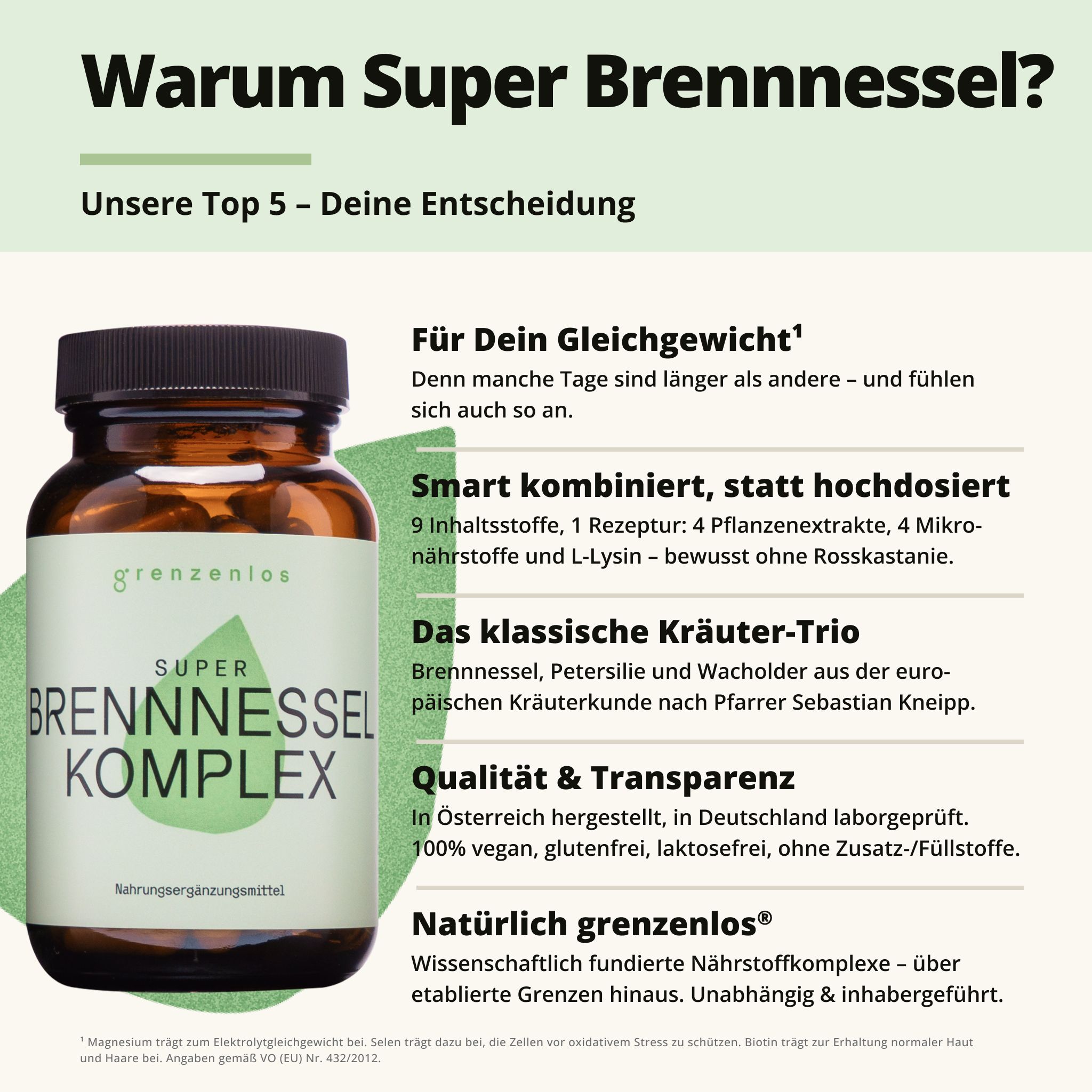 Flasche "Super Brennnessel Komplex" und Kapseln. Kapselgröße 21,7 mm. 90 Kapseln = 30 Tage.