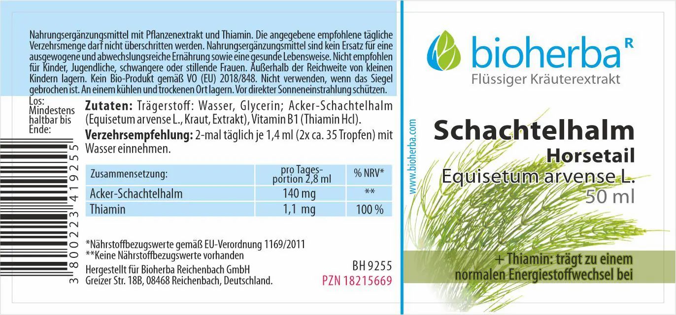 Etikett mit Produktname, Logo und Inhaltsstoffen. Enthält Informationen zu Inhaltsstoffen und Dosierung.