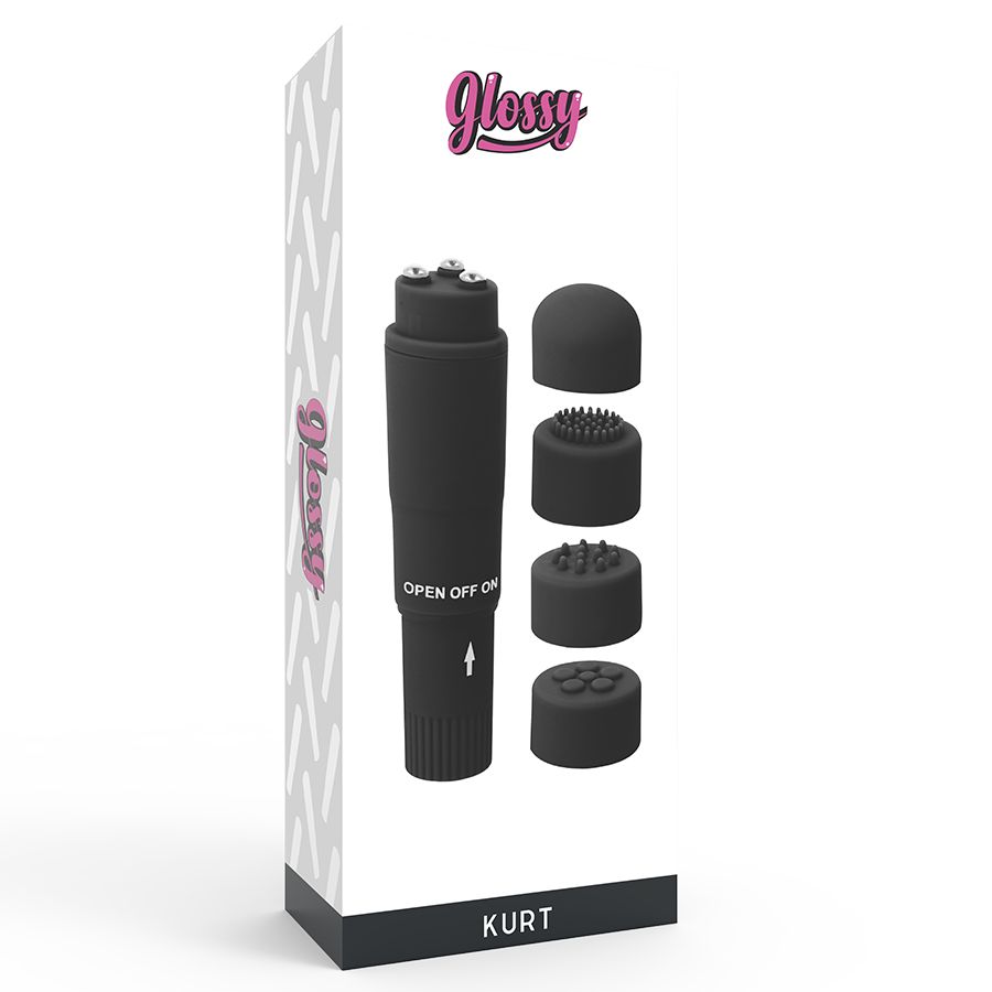 Verpackung und schwarzer Mini-Massagevibrator mit vier Aufsätzen: glatt, Bürste, Noppen und Kugeln.