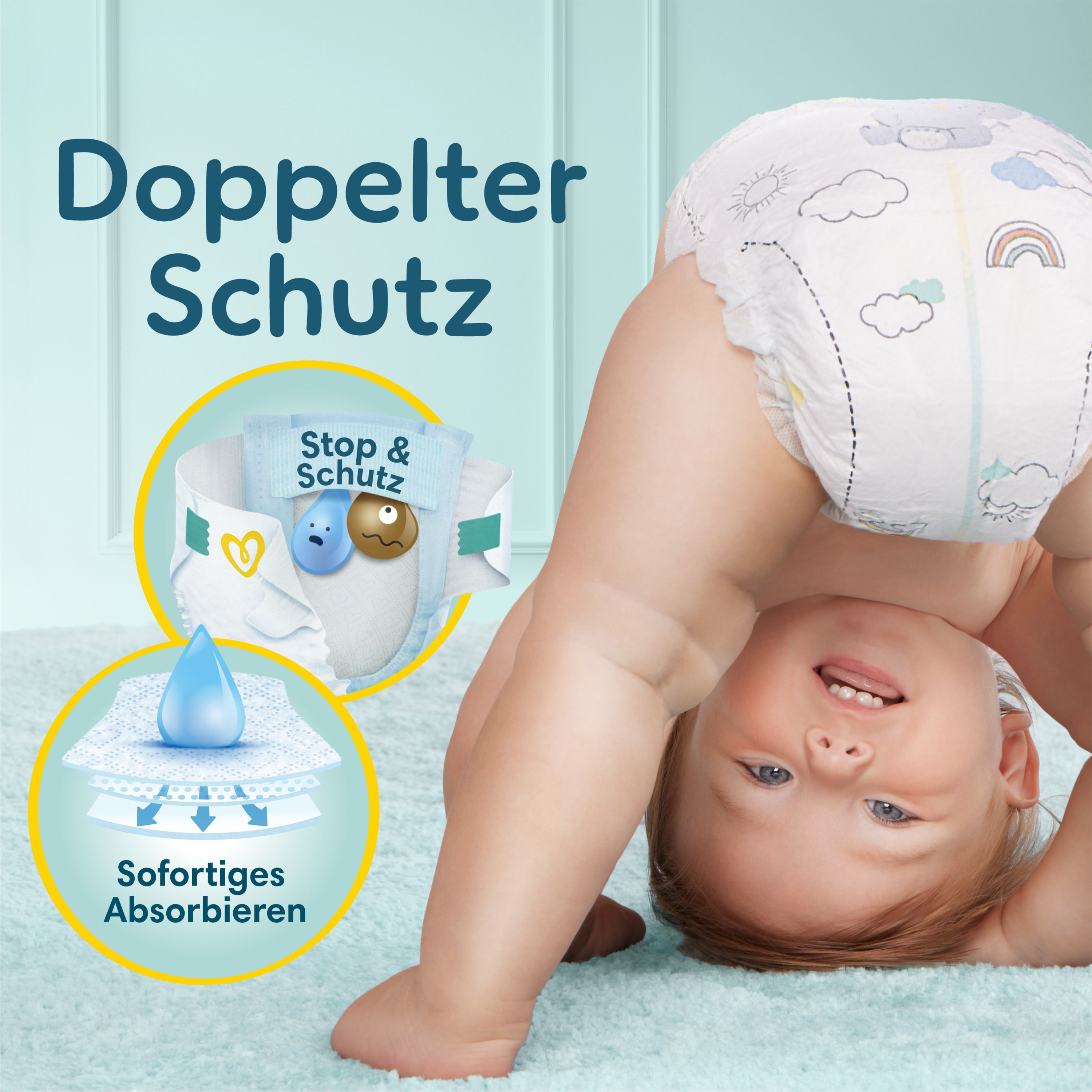 Baby mit Pampers Premium Protection Windel. Illustrationen: Doppeltem Schutz, sofortiges absorbieren. Windel mit Wolken und Regenbogen.
