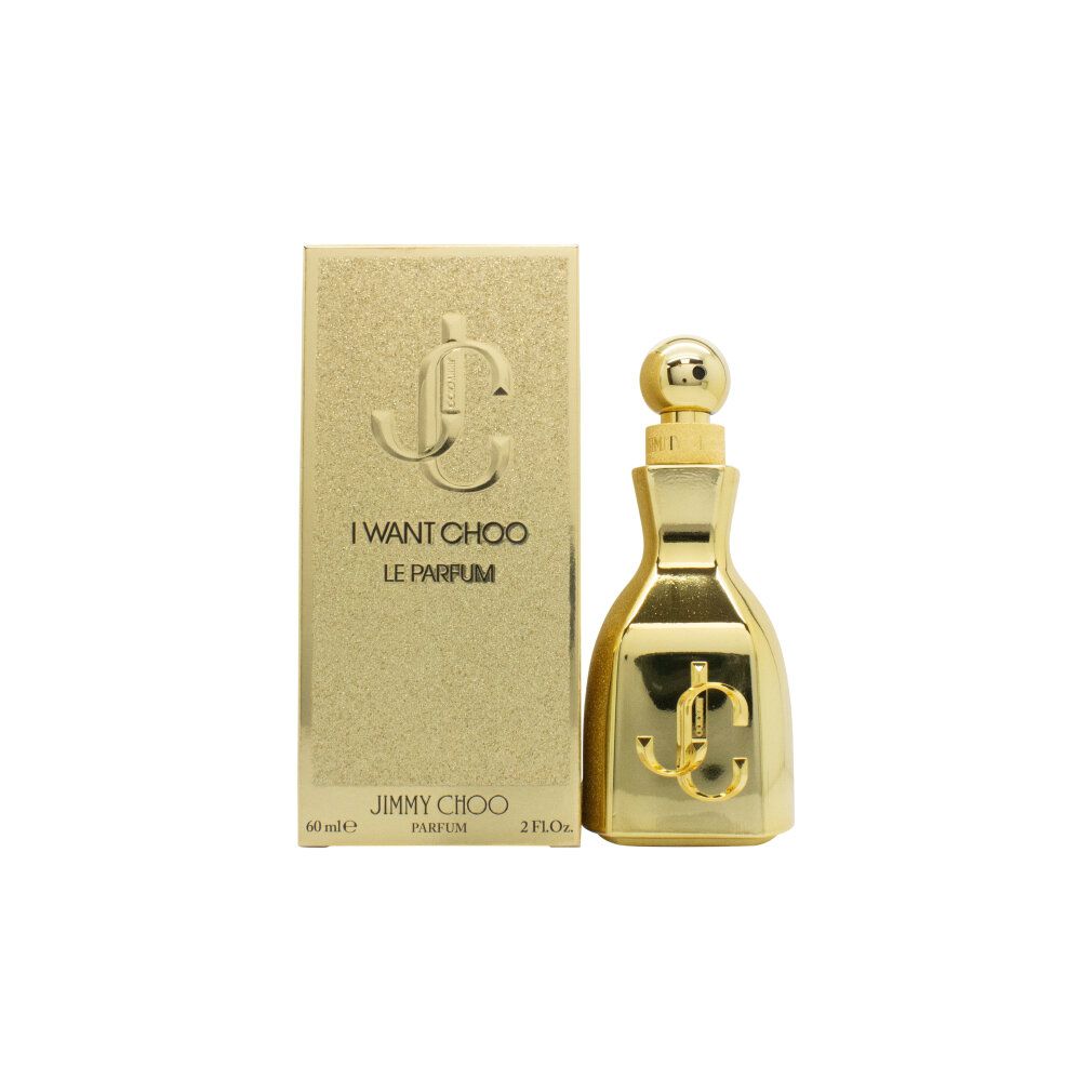 Goldfarbene Parfümflasche und Verpackung. Aufschrift "I WANT CHOO LE PARFUM". Marke "JIMMY CHOO".