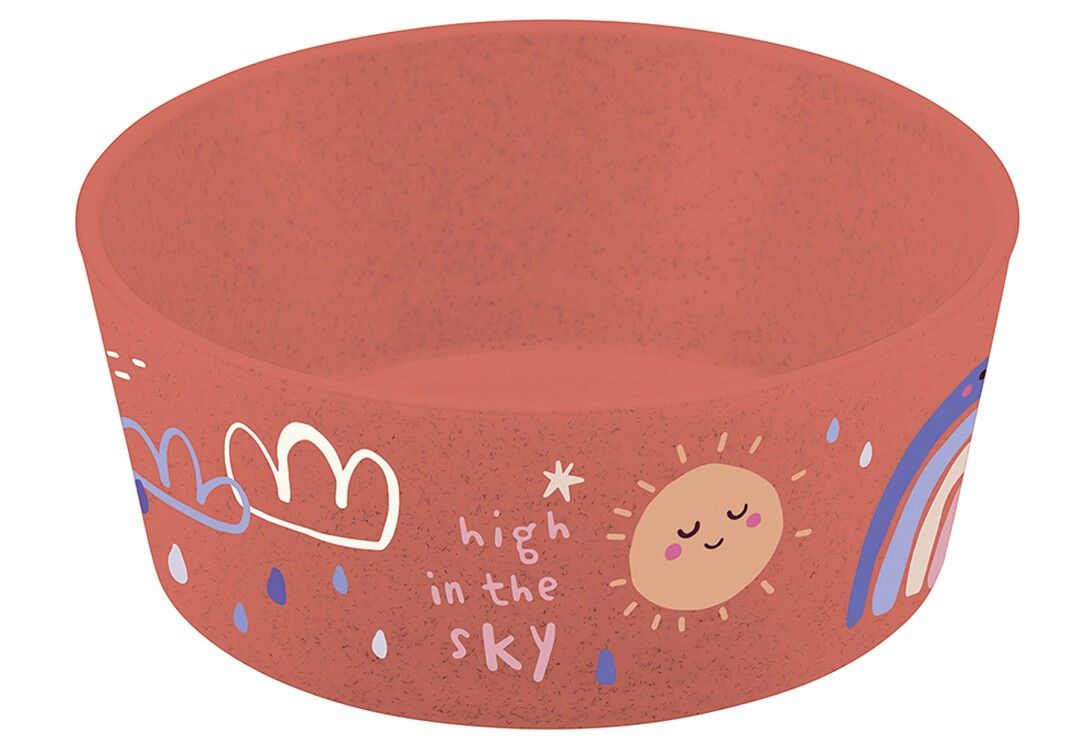 Rote Schüssel mit Sonnen- und Regenbogen-Illustration. Teil des KOZIOL 'Dreams' Sets. Runde Form.