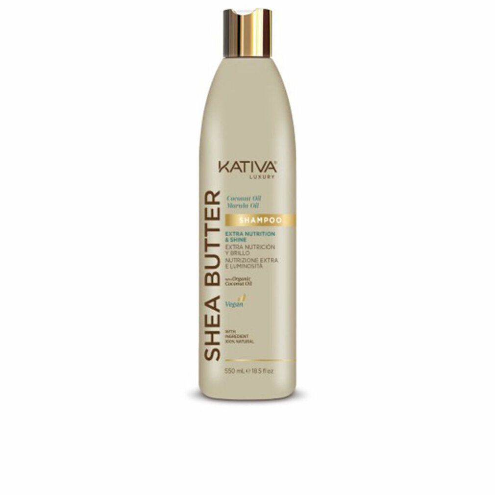 Beige Shampoo-Flasche mit goldfarbenem Deckel. Aufschrift: Shea Butter, Kativa Luxury, Shampoo, Extra Nutrition & Shine, Vegan.