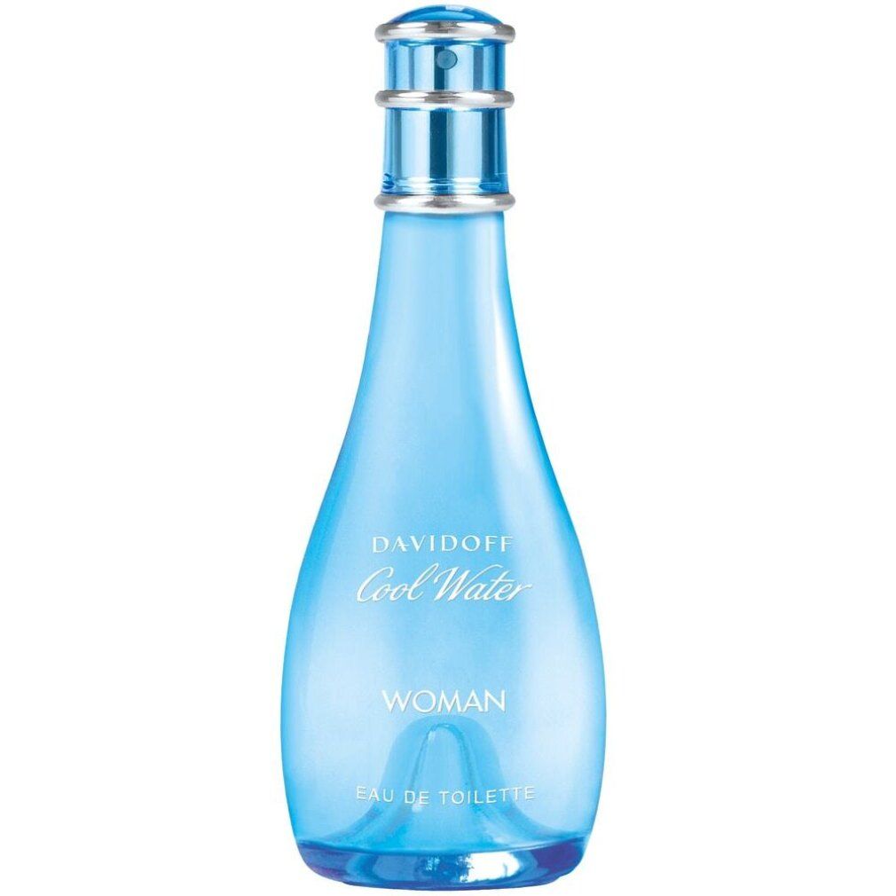 Hellblaue Flasche mit Sprühkopf. Aufschrift: Davidoff Cool Water Woman. Flasche.