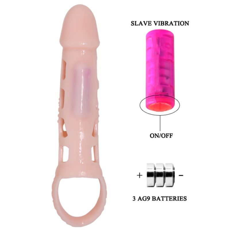 Rosa Penis-Extender-Cover mit rechteckigen Öffnungen. Mit einem Gurt am unteren Ende. Mit einem rechteckigen Element. Mit Batterien und Vibrator.