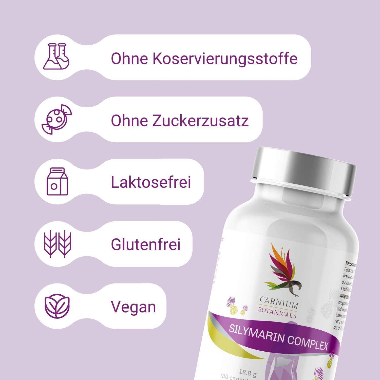 Produktflasche mit Text. Aufschrift: Carnium Botanicals Silymarin Complex. Text: Ohne Konservierungsstoffe, Zuckerzusatz, laktosefrei, glutenfrei, vegan.
