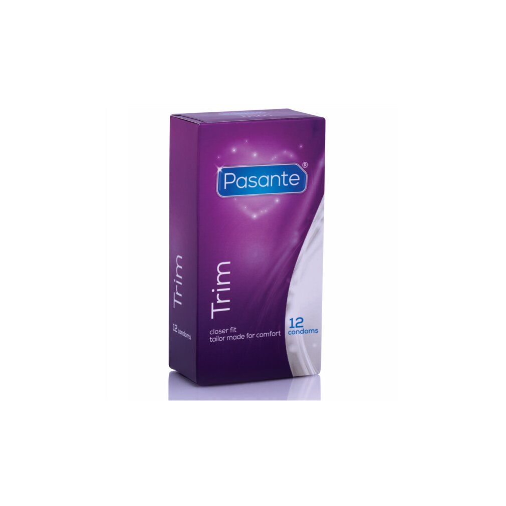 Pasante Trim Kondom-Packung. Lila Verpackung mit Produktnamen und 12 Kondomen. "Closer fit" und "tailor made for comfort".