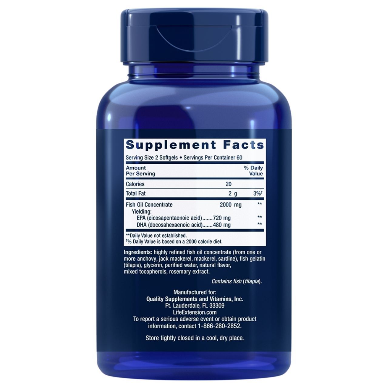 Rückseite einer Life Extension Mega EPA/DHA Flasche mit Nährwertangaben und Inhaltsstoffen. 120 Softgels.