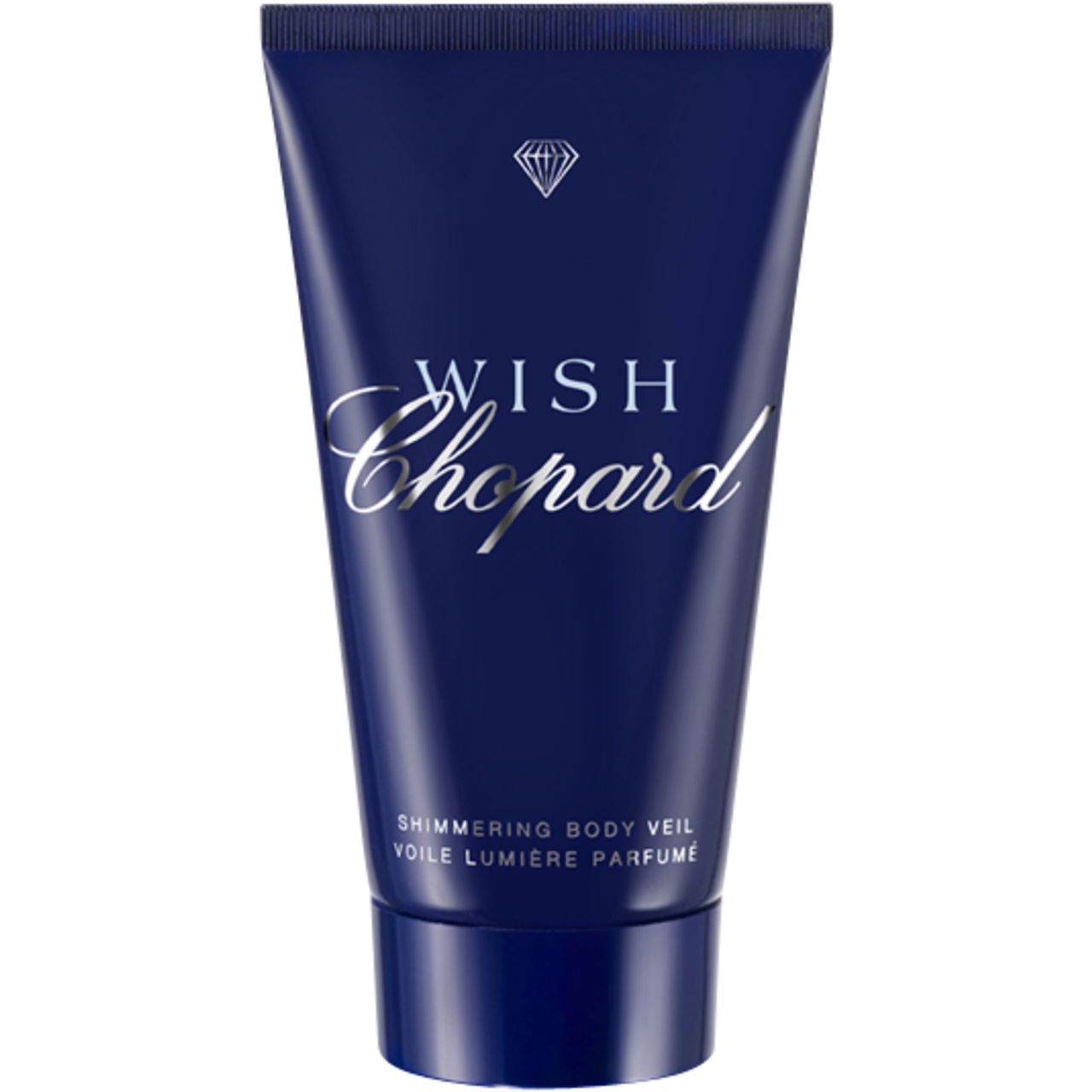 Dunkelblaue Tube mit weißem Schriftzug "Wish Chopard". Text: "Shimmering Body Veil". Diamant-Logo.