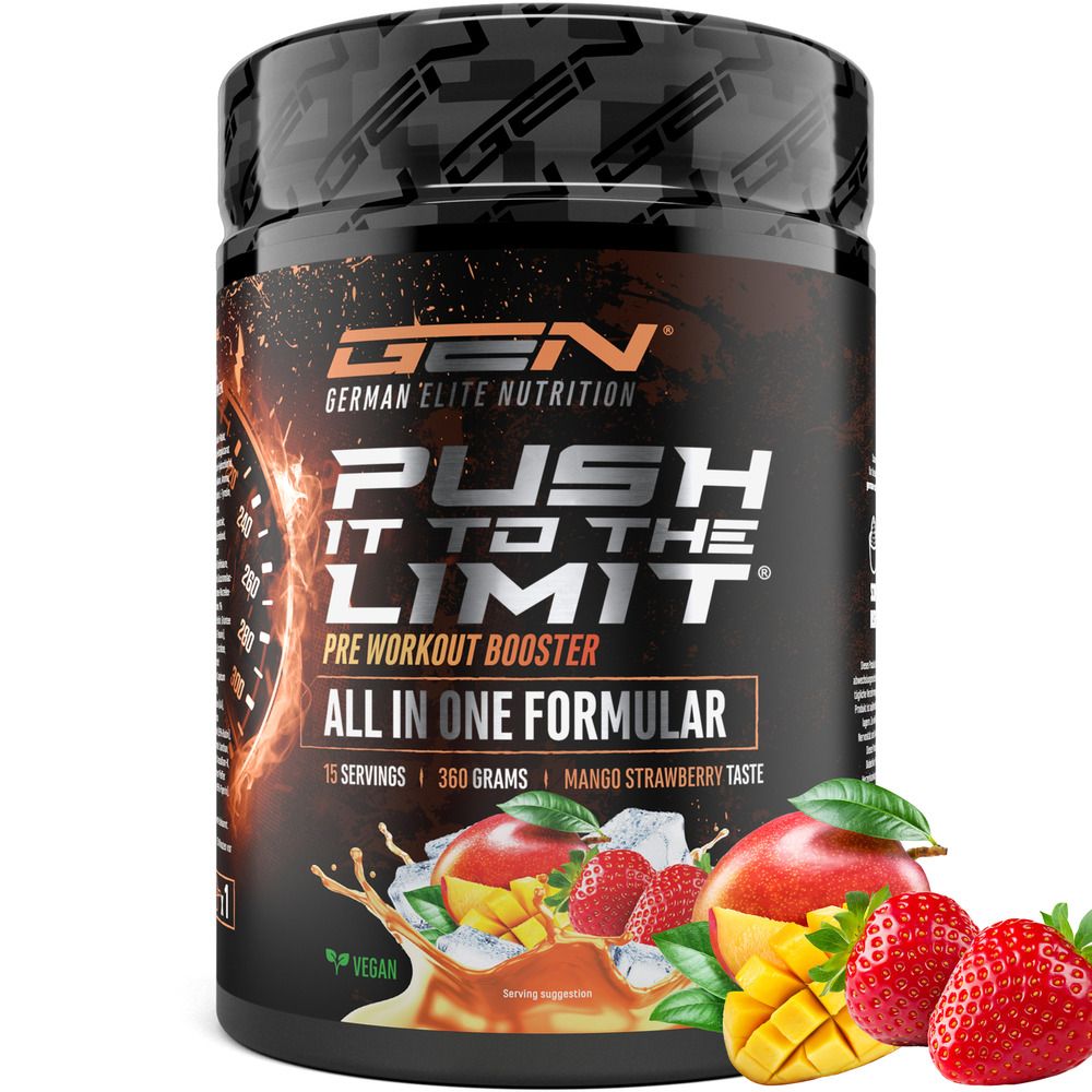 Dose GEN Push It To The Limit, Pre-Workout Booster. 15 Portionen, 360 Gramm, Mango Erdbeer Geschmack. Vegan. Mit Mango und Erdbeeren.