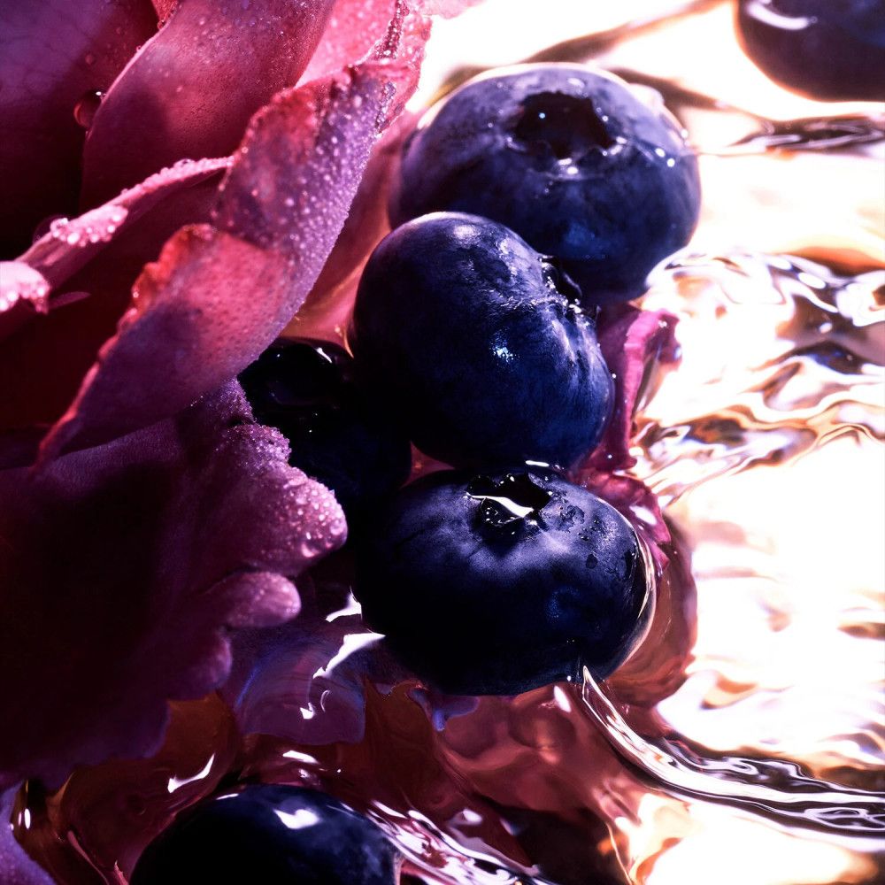 Nahaufnahme von Blaubeeren im Wasser, umgeben von einer rosa Blüte.