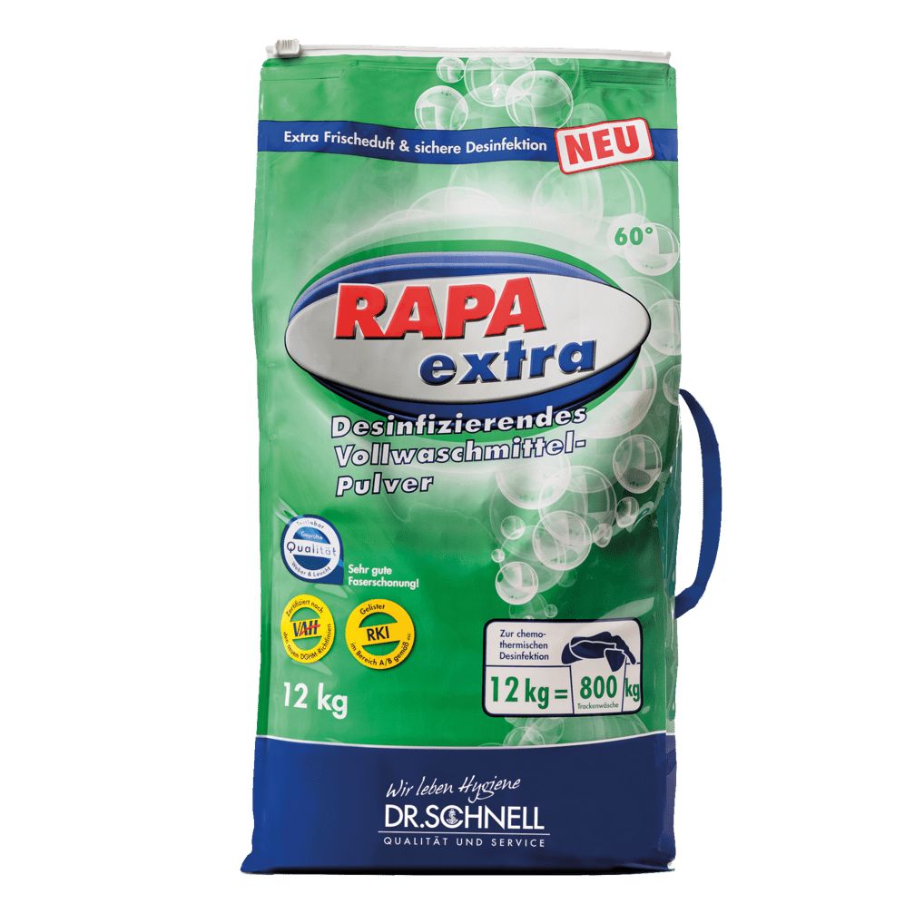 Grüne Verpackung mit weißem und blauem Logo. Text: RAPA extra, Desinfizierendes Vollwaschmittel-Pulver. 12 kg. Qualitätszeichen.