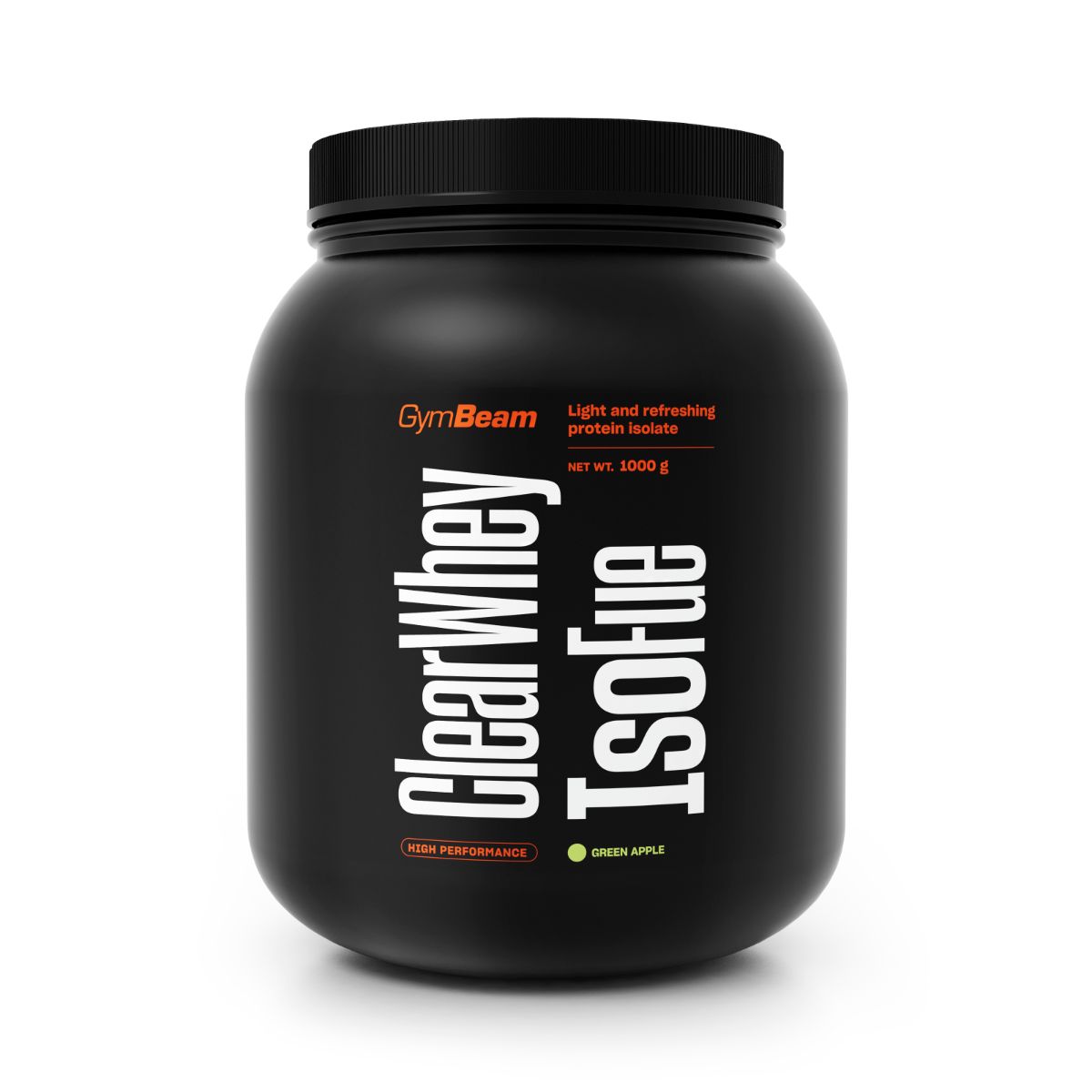 Schwarzer Behälter mit GymBeam Clear Whey IsoFue Molkenprotein-Isolat Pulver, 1000g.