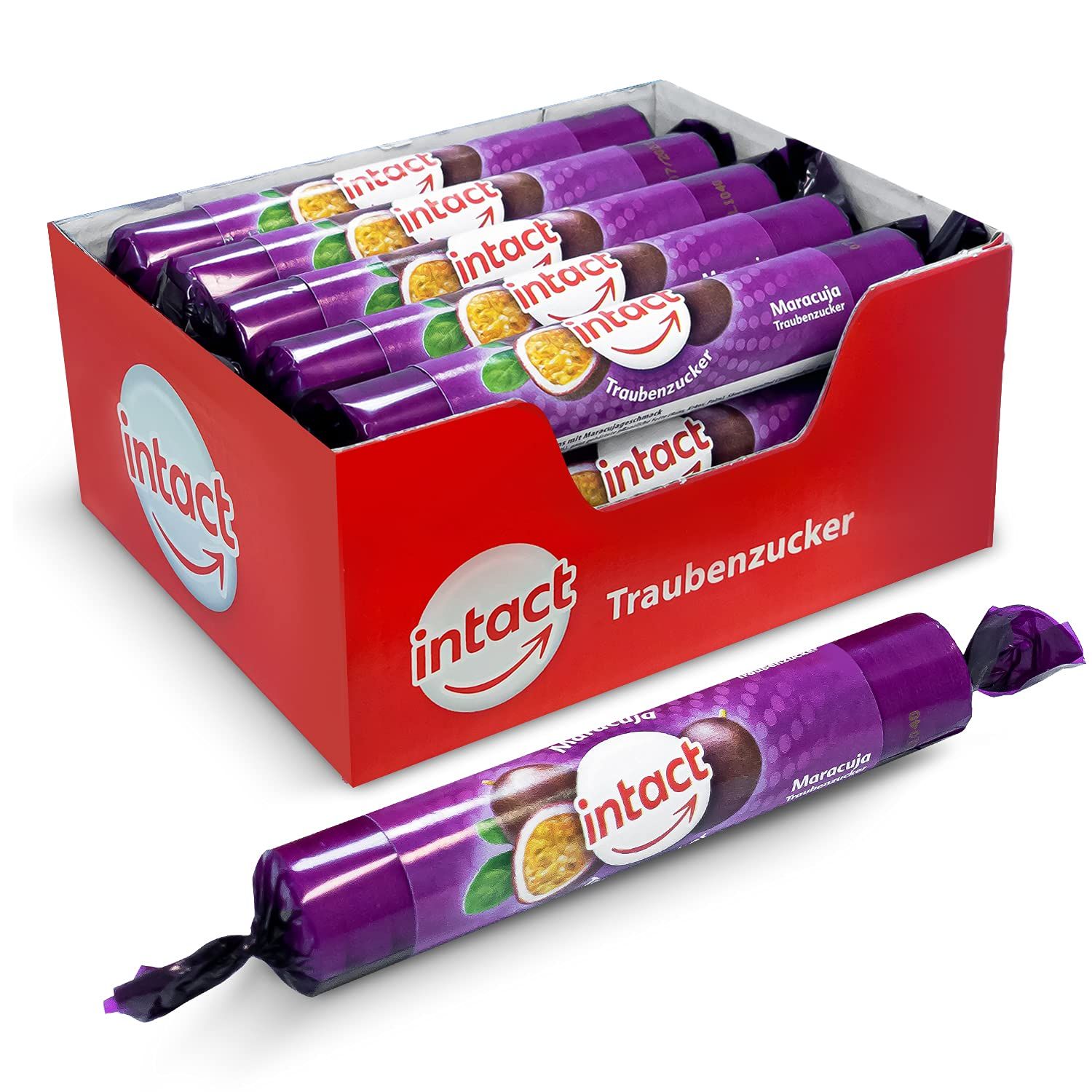 Eine Packung Traubenzucker-Rollen. Eine Rolle liegt davor. Aufschrift: intact Traubenzucker Maracuja.