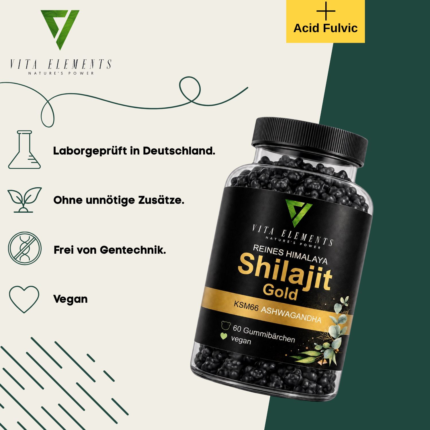 Flasche mit 60 veganen Shilajit Gold Gummibärchen, Labor geprüft.