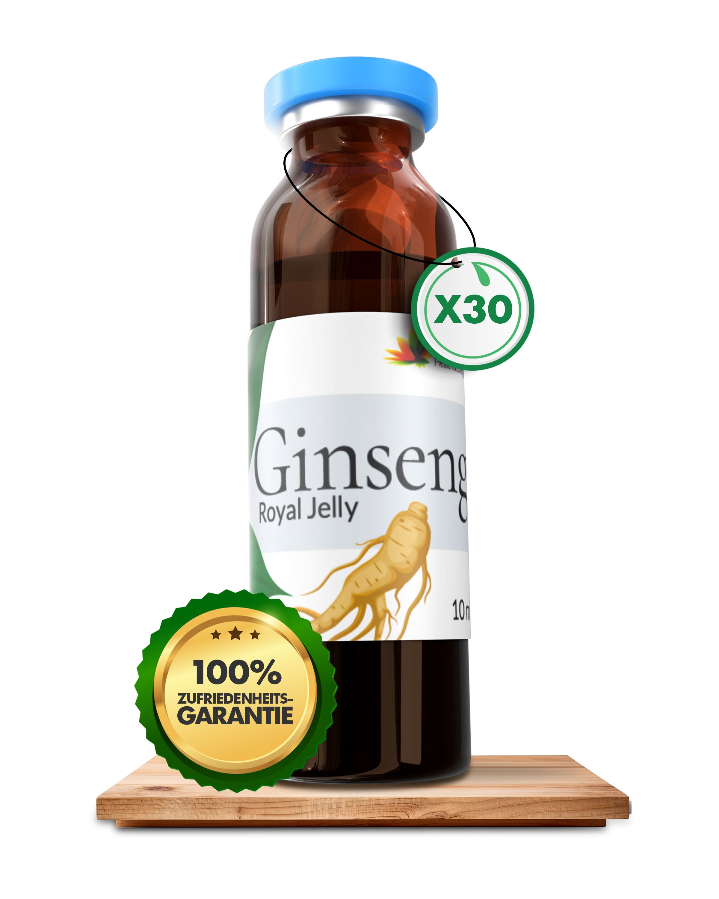 Ampulle Ginseng Royal Jelly mit blauem Verschluss und X30-Anhänger. Gold-grünes Garantie-Siegel mit Text.