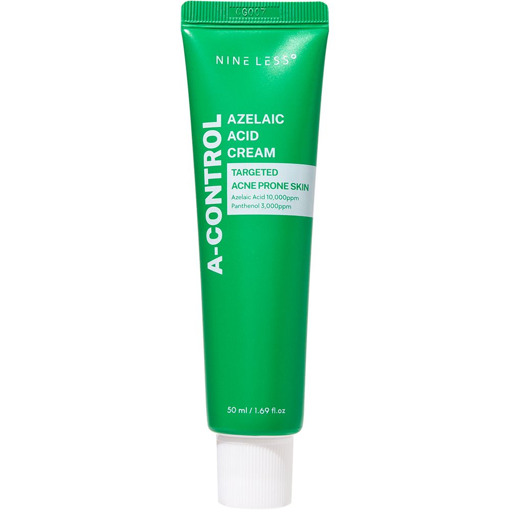 Grüne Tube mit weißem Deckel. Aufschrift: A-Control, Azelaic Acid Cream. Text: Targeted Acne Prone Skin. 50 ml/1.69 fl.oz.