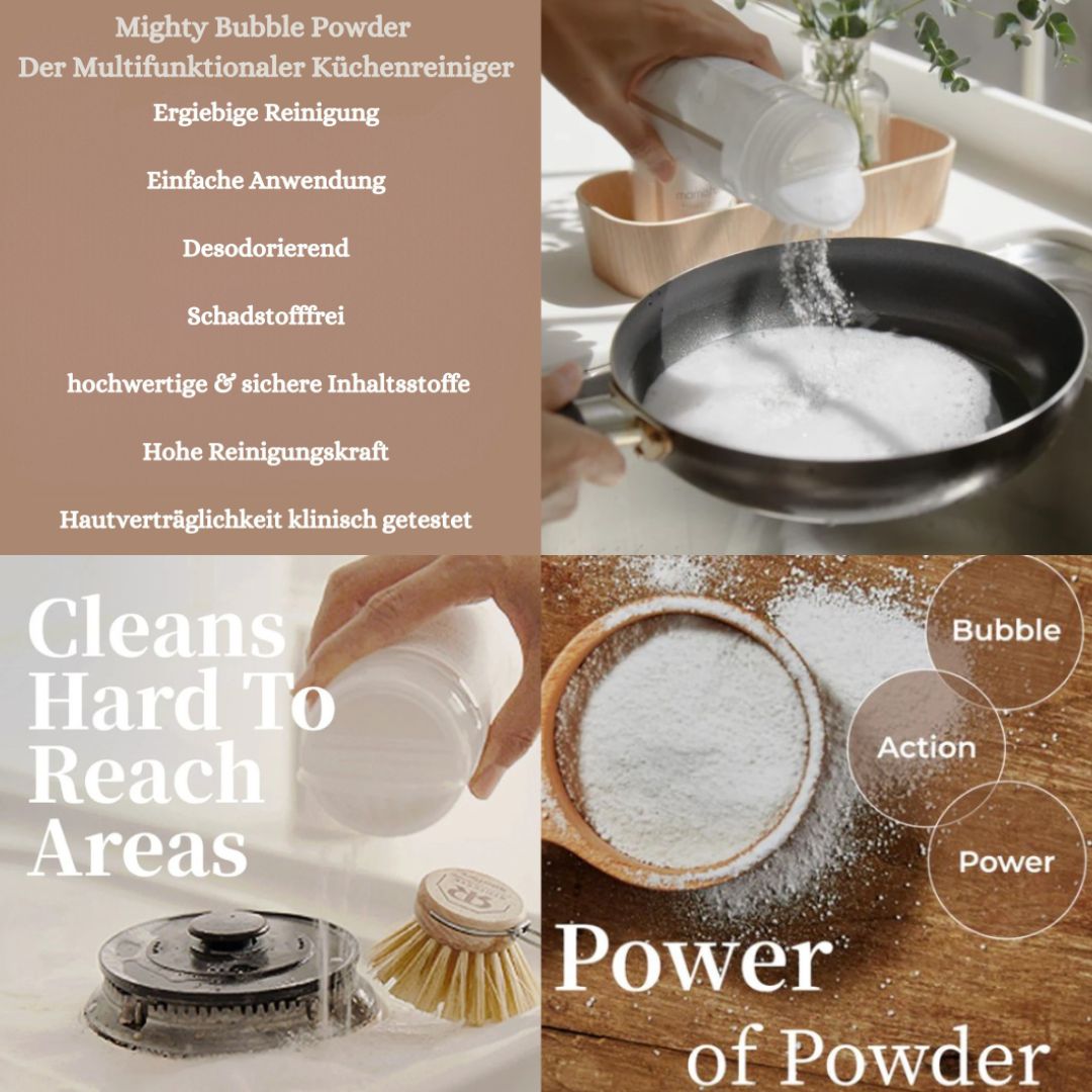 Collage mit Produktbildern und Text. Flasche "Mighty Bubble Powder" wird in Pfanne gegossen. Text: "Power of Powder".