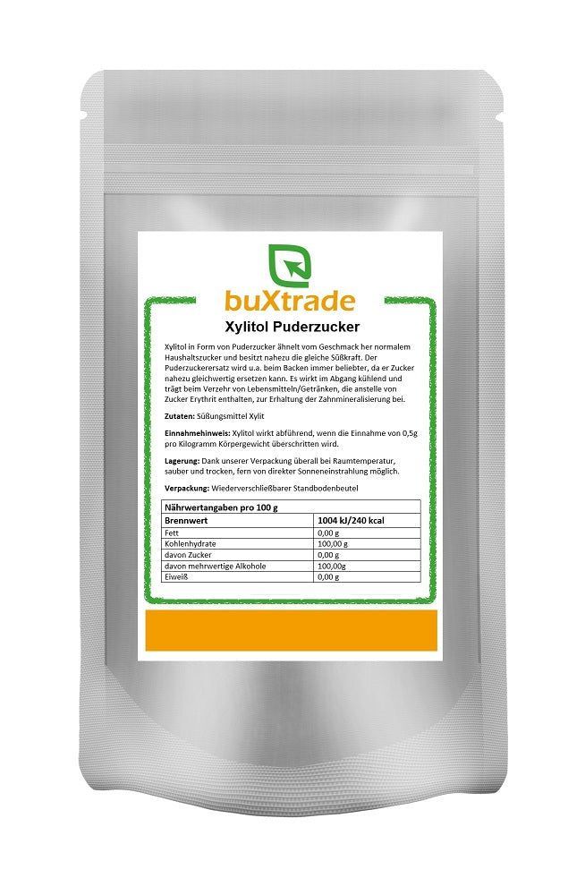 Verpackung von buXtrade Xylitol Puderzucker. Text mit Nährwertangaben und Produktinformationen auf Deutsch.
