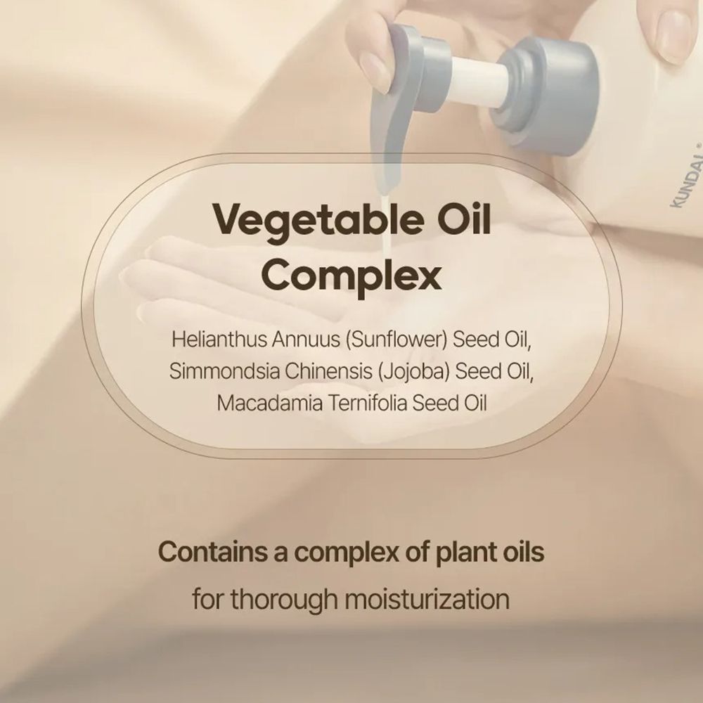 Text: Vegetable Oil Complex. Enthält Sonnenblumen-, Jojoba- und Macadamia-Öl. Für gründliche Feuchtigkeit.