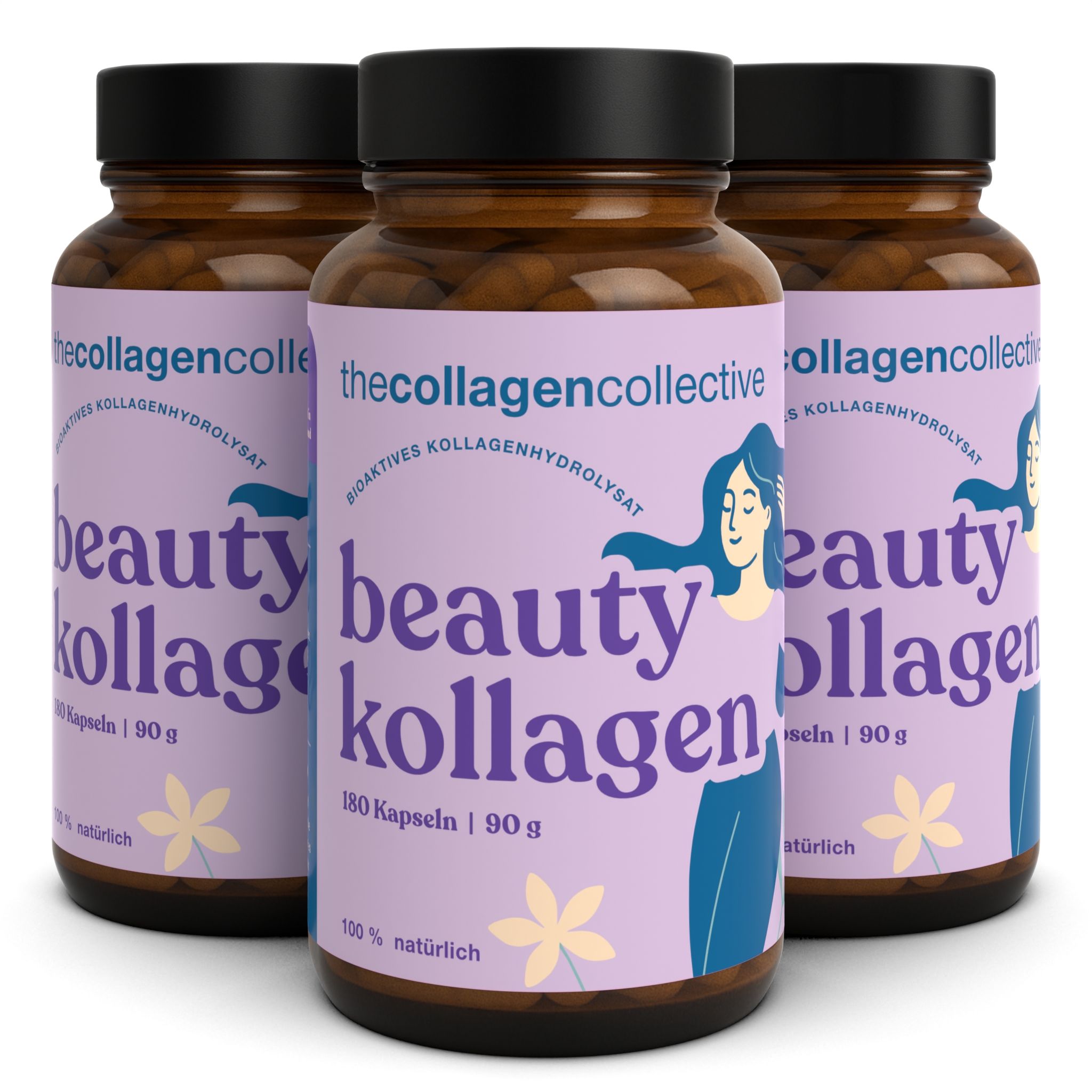 Drei Flaschen Beauty Kollagen Kapseln. Lila Etiketten mit Produktnamen und Illustration. Braune Deckel.