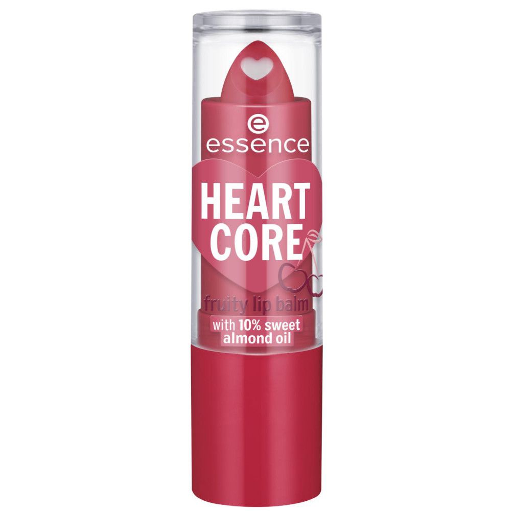 Essence Lippenbalsam Heart Core. Roter Lippenstift in transparenter Hülse. Herz-Design. Text: fruity lip balm with 10% sweet almond oil.