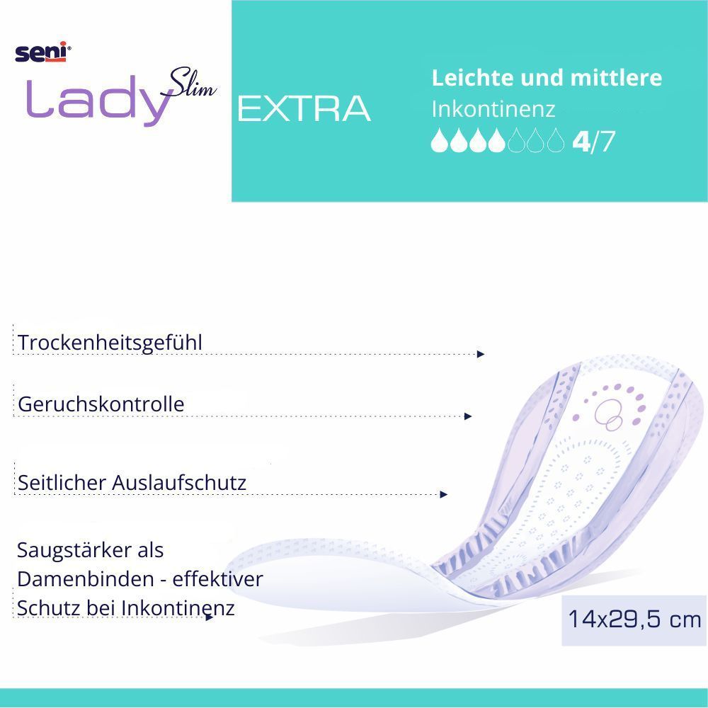 Seni Lady Slim Extra. Produkt mit weißer Oberfläche und blauer Umrandung. Abmessungen: 14x29,5 cm. Text: Leichte und mittlere Inkontinenz.