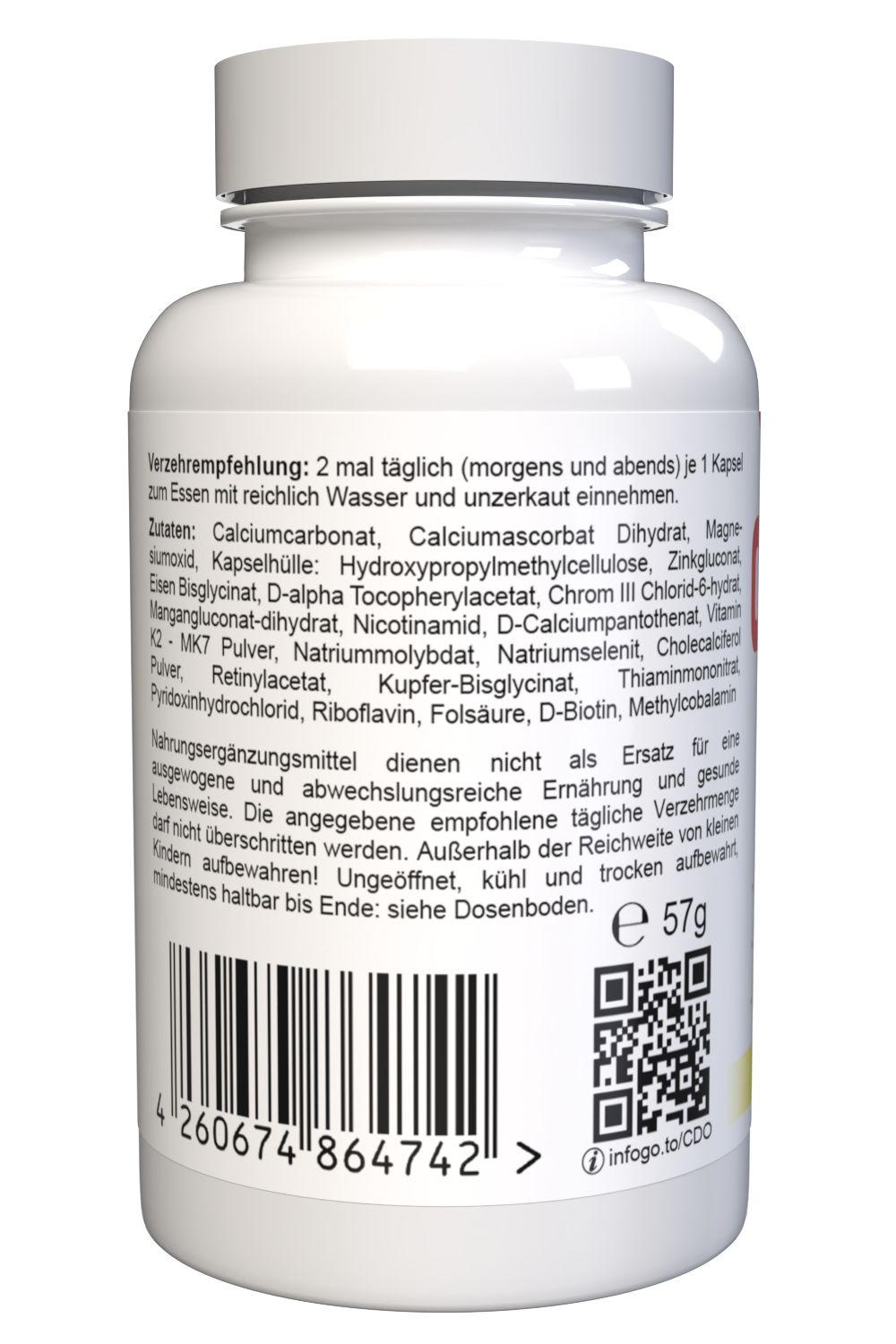 Weiße Kapsel-Dose mit Etikett. Zutatenliste, QR-Code, Barcode und Gewicht 57g. Text in deutscher Sprache.