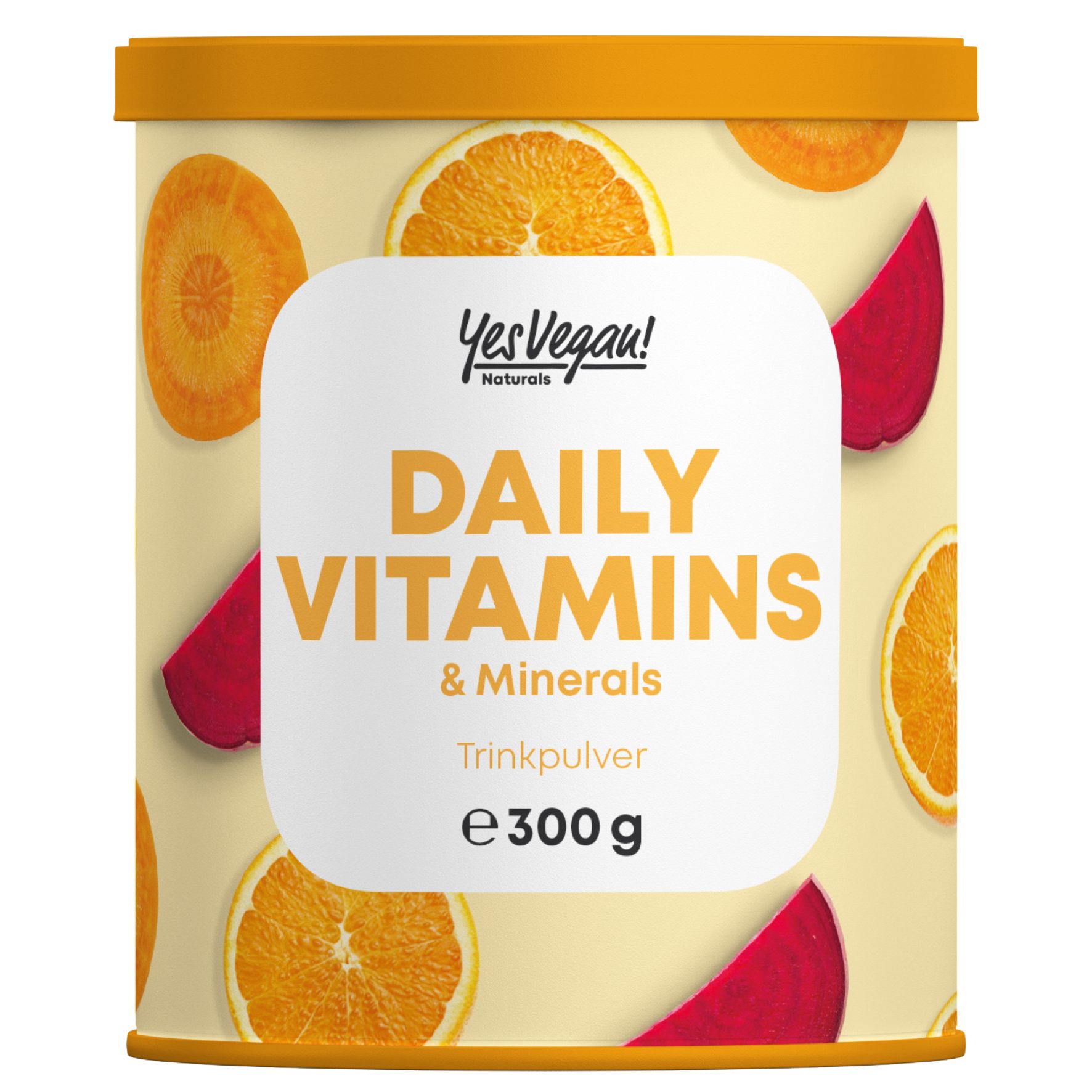 Dose mit Vitaminpulver. Aufdruck: Daily Vitamins & Minerals, e 300 g. Mit Orangen- und Rote-Bete-Motiv.