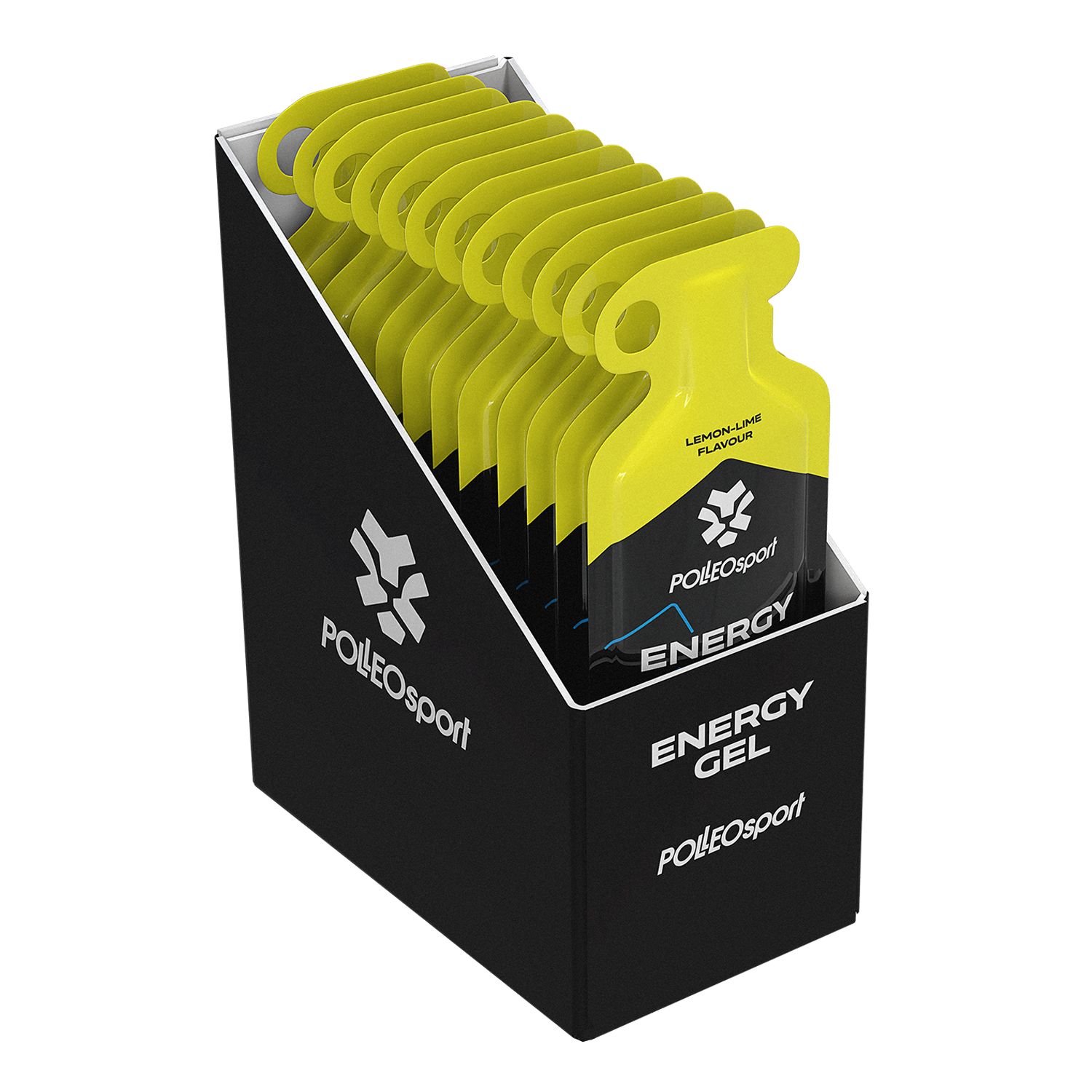 Schwarzer Karton mit mehreren gelben Gelpackungen. Aufschrift: PolleoSport, Energy Gel, Lemon-Lime-Geschmack.