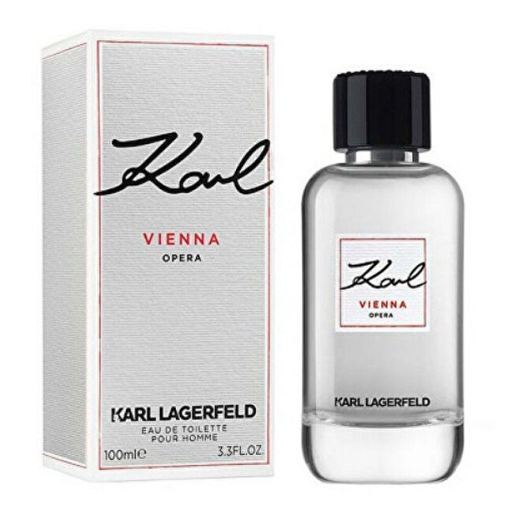 Karl Lagerfeld Vienna Opera Eau de Toilette mit Verpackung. Flakon und Schachtel. Schwarzer Verschluss, rotes Etikett.