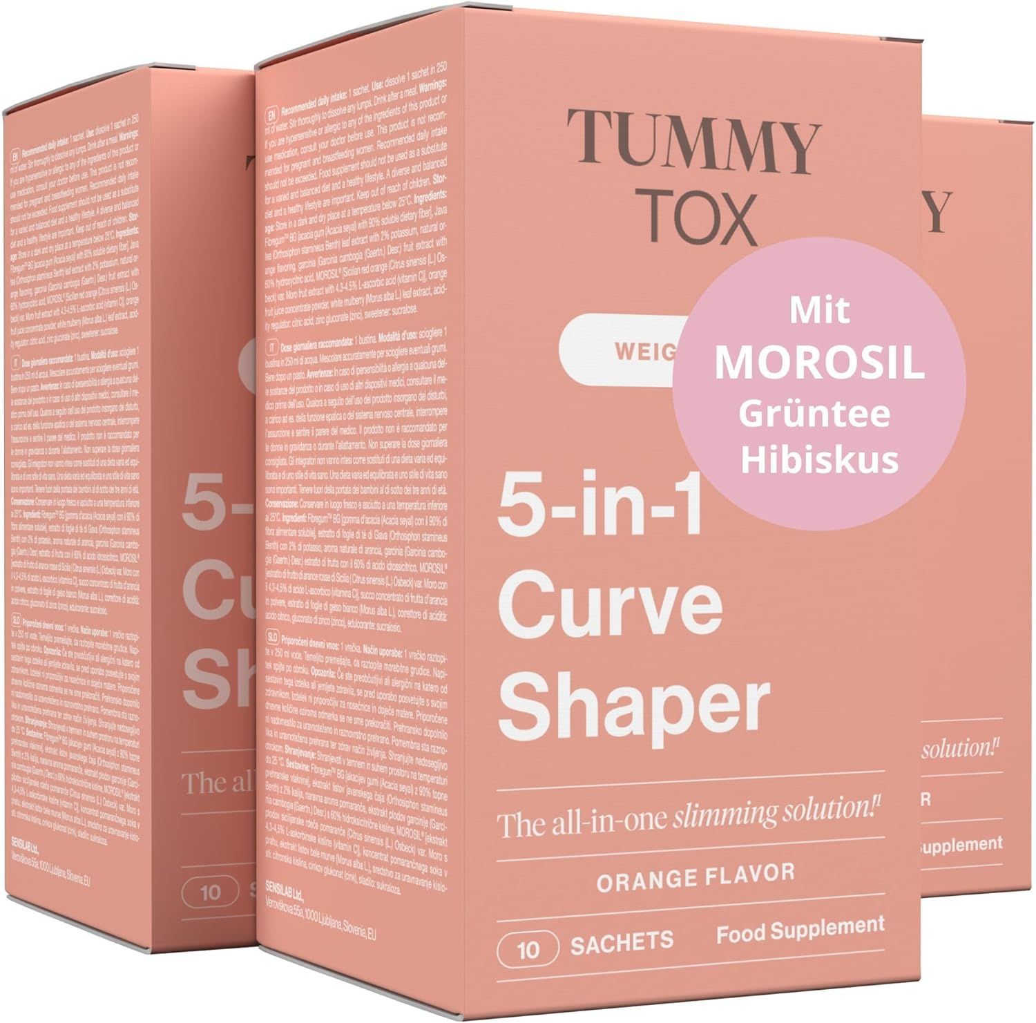 Mehrere Packungen Tummy Tox 5-in-1 Curve Shaper. Rosa Verpackung mit Produktnamen und Inhaltsstoffen. 10 Sachets.