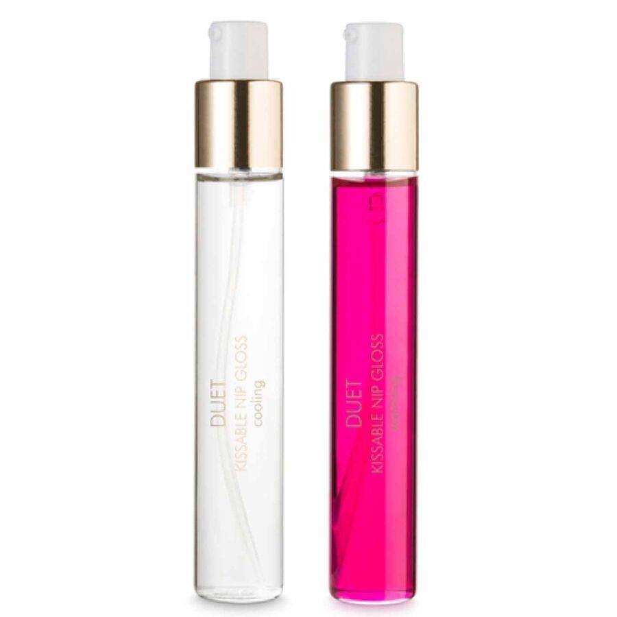 Zwei Lipgloss-Fläschchen, klar und pink, mit weißen Deckeln.