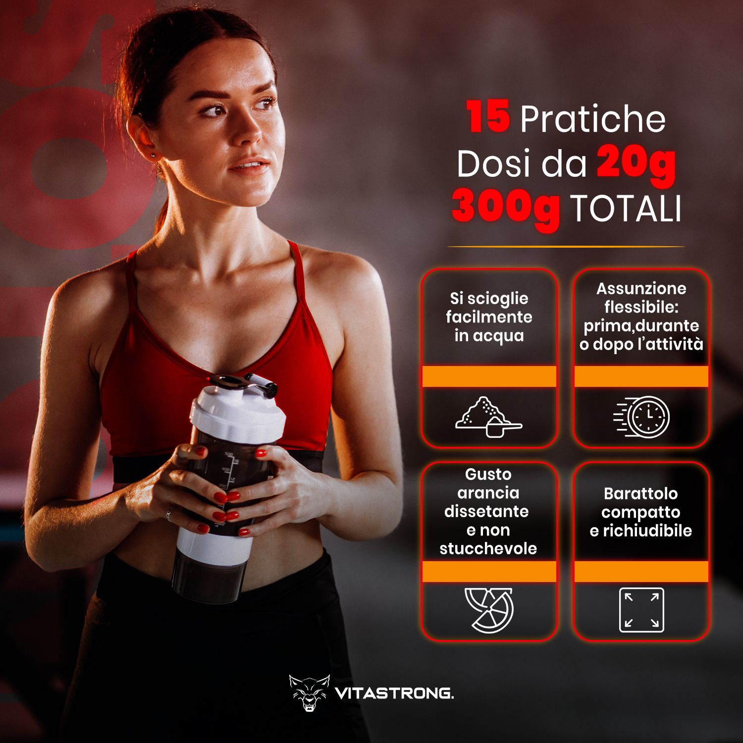 Frau mit Shaker. Text: 15 Portionen von 20g, insgesamt 300g. Einfach in Wasser auflösen, Geschmack: Orange. Kompakte Verpackung.