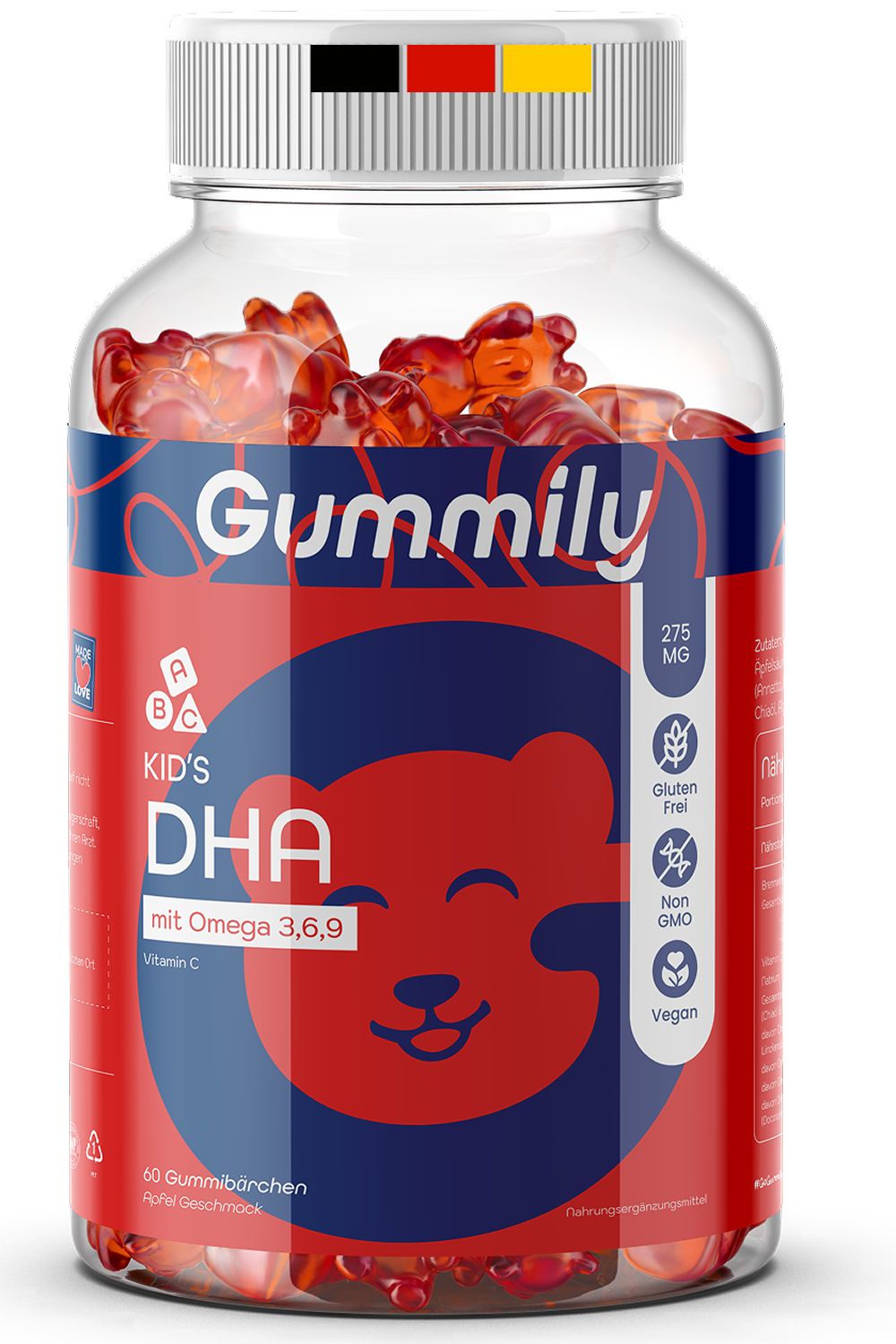 Klare Plastikflasche mit roten Gummibärchen. Aufkleber mit "Gummily", "Kids DHA", Vitamin C, und Zertifizierungen.