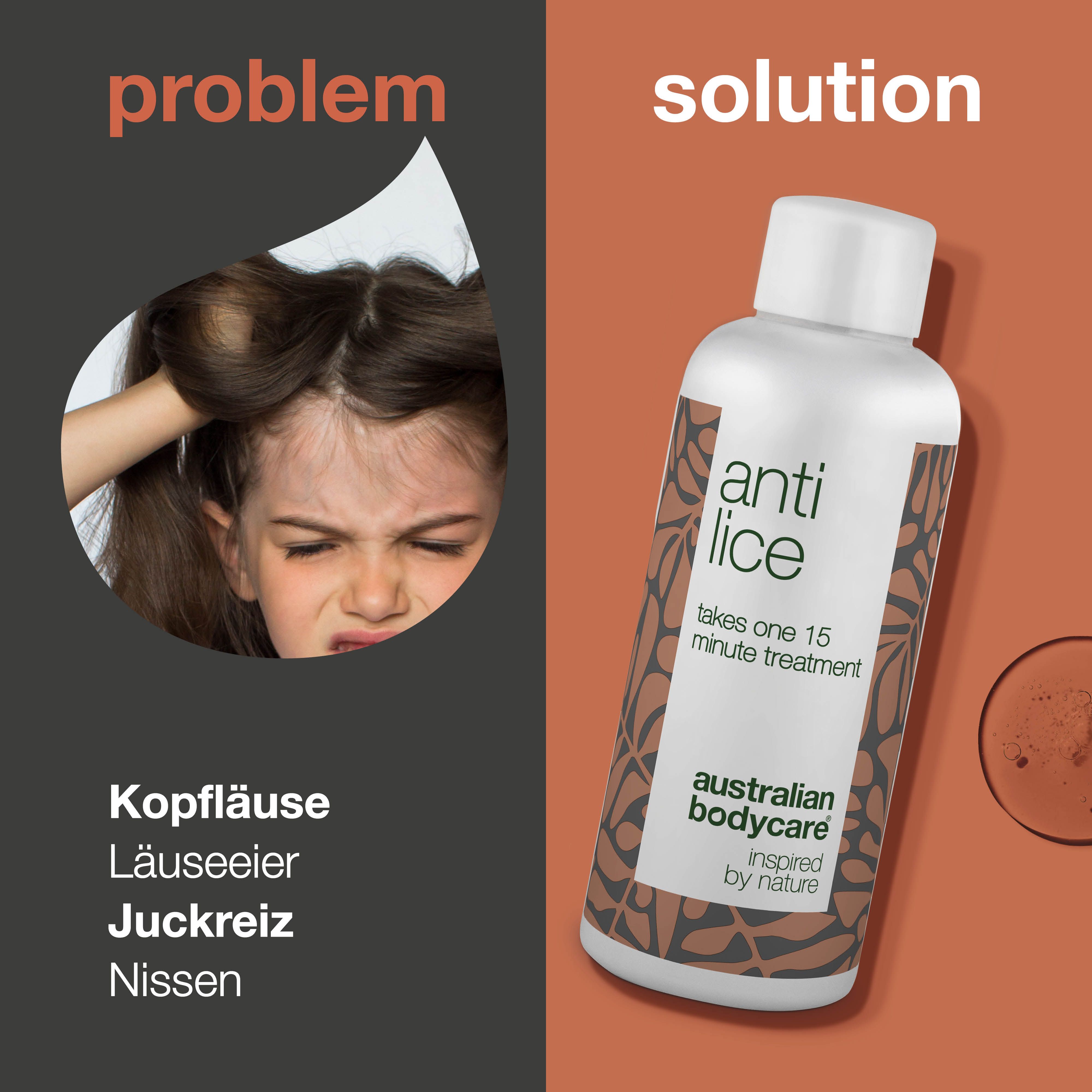 Aufgeteiltes Bild: links Kind mit Juckreiz, rechts Flasche "anti lice". Marke: Australian Bodycare.