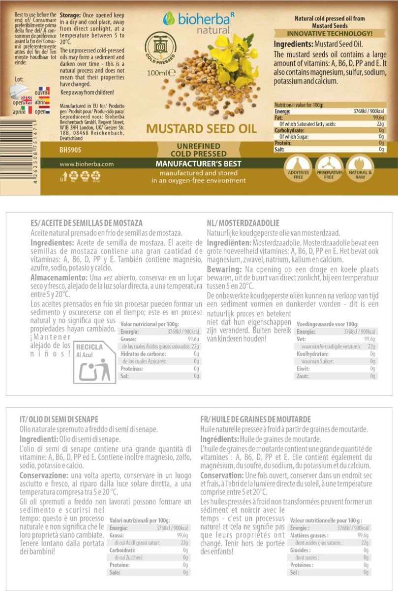 Braune Glasflasche mit schwarzem Deckel. Etikett mit Produktinformationen und Bioherba-Logo. Senföl, kaltgepresst.