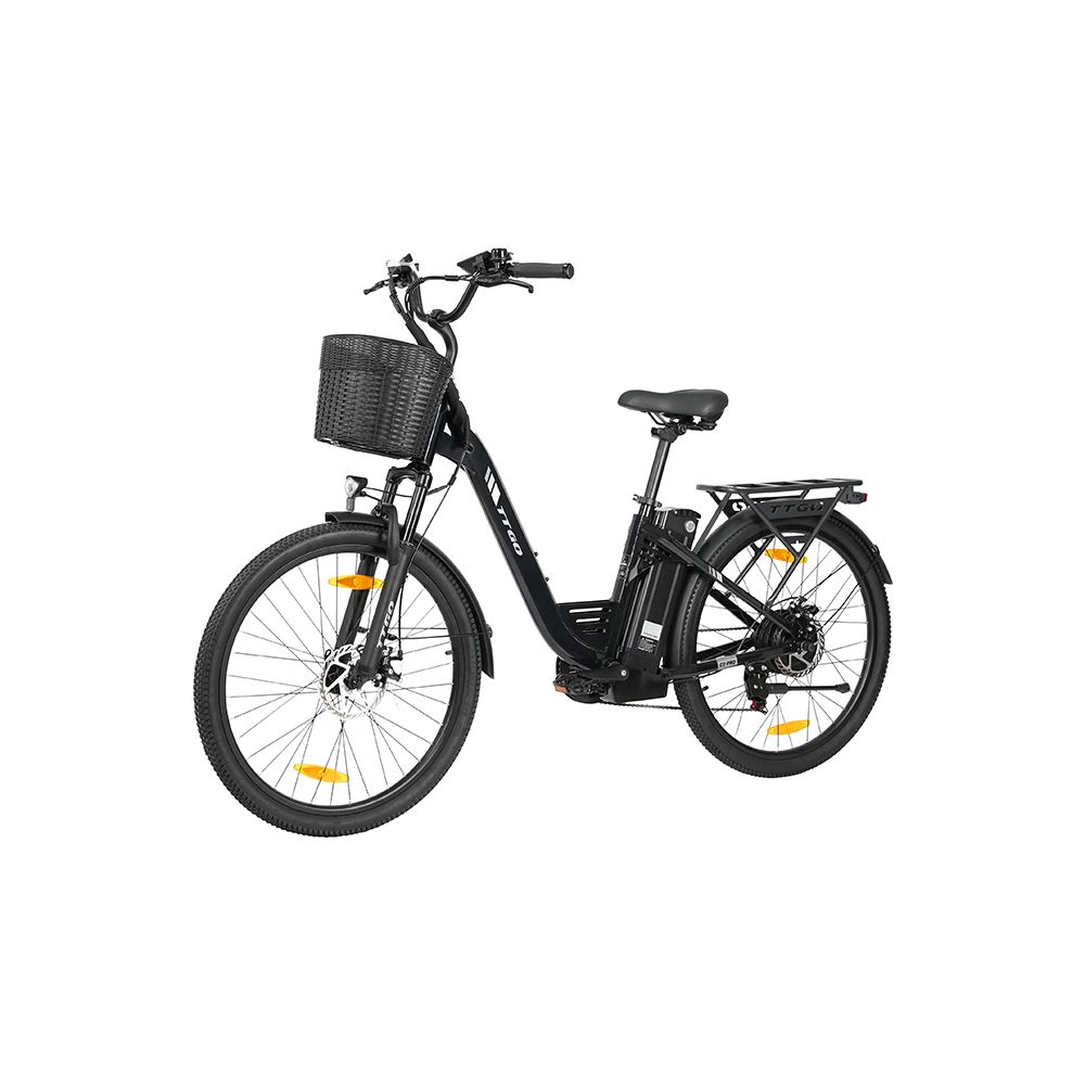 Schwarzes TTGO C2 PRO E-Bike. Korb vorne, Gepäckträger hinten. Shimano 7-Gang. Batterie am Rahmen.