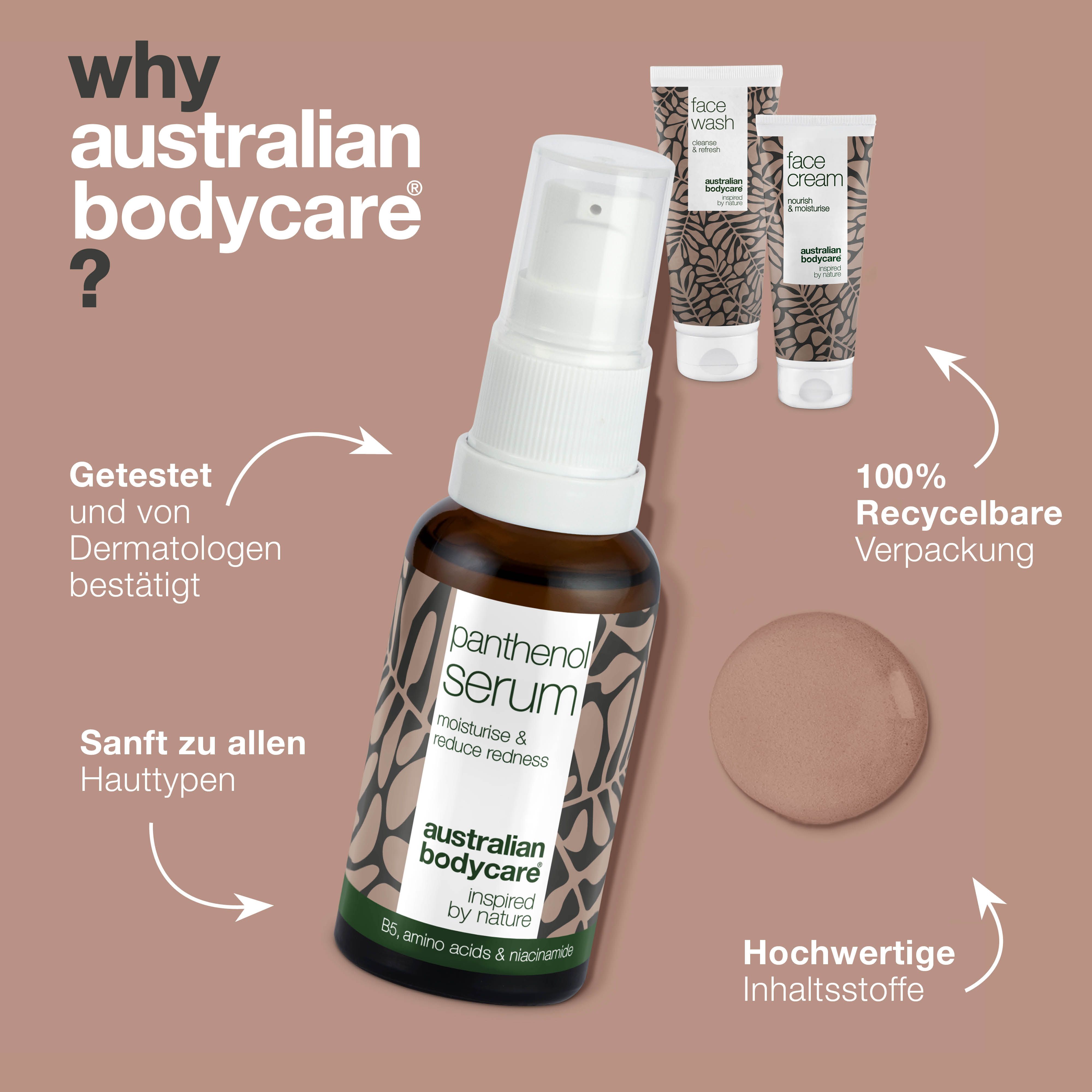 Serum-Flasche und Produkte: Face Wash und Face Cream. Text: Panthenol Serum, 100% recycelbare Verpackung. Marke: Australian Bodycare.
