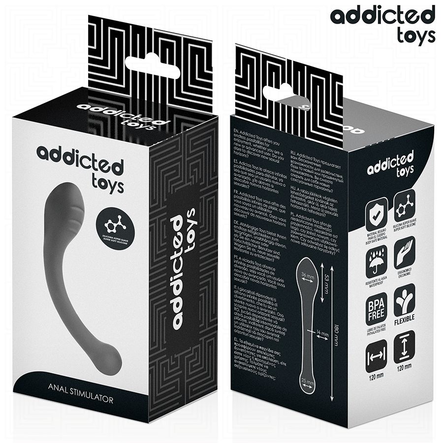 Verpackung eines grauen Silikon-Analstimulators. Marke: Addicted Toys. BPA-frei, flexibel.