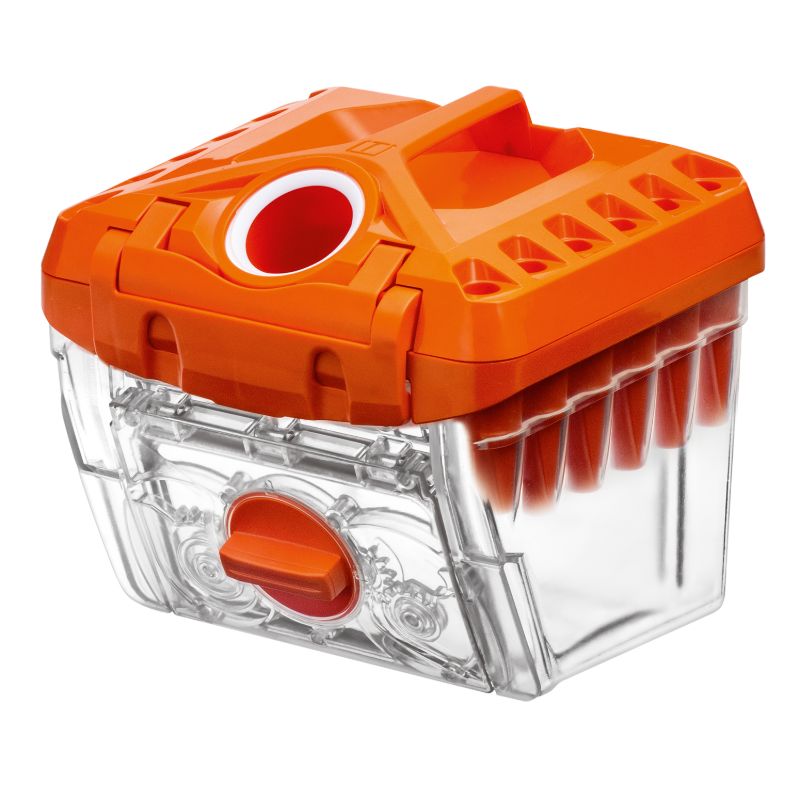 Filterbox mit orangefarbenem Deckel und Griff, transparentem Behälter und Drehknopf.