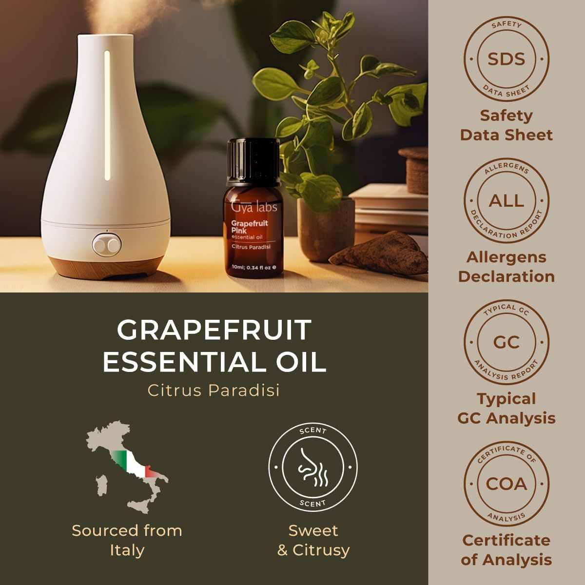 Braune Glasflasche mit Etikett, Diffusor. Text: "Gya labs". Herkunft Italien. Zertifizierungen: SDS, Allergie-Erklärung, GC-Analyse, COA.