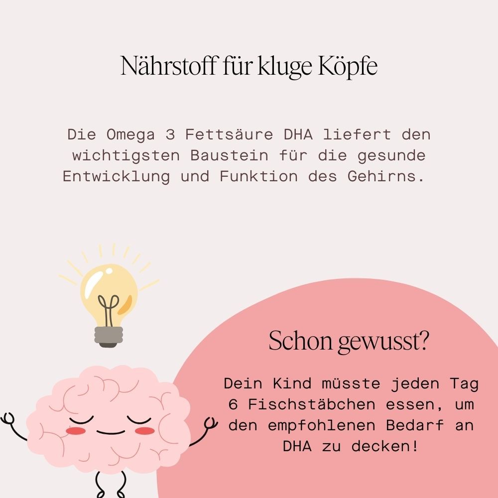 Gehirn-Illustration mit Glühbirne. Text: Nährstoff für kluge Köpfe. DHA liefert Bausteine für gesunde Gehirnentwicklung. Wusstest du? 6 Fischstäbchen.
