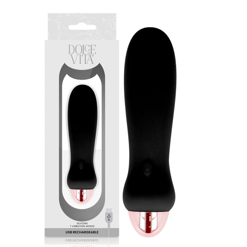 Schwarzer Silikon-Vibrator in Verpackung, USB aufladbar, 7 Vibrationsmodi.
