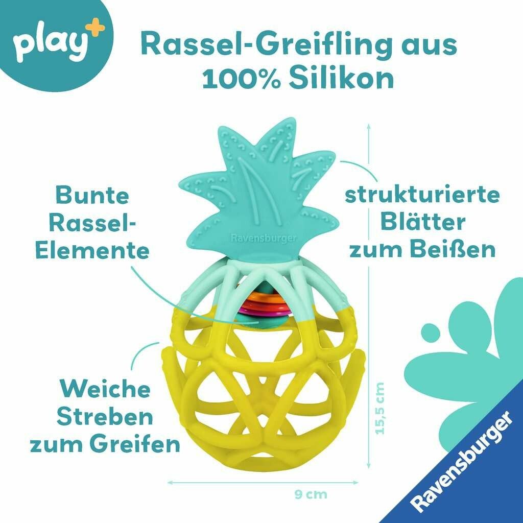 Ananas-Greifling aus 100% Silikon. Gelb-türkise Form mit Rasselelementen. Maße: 9x15,5 cm. Text: 'strukturierte Blätter', 'weiche Streben'.