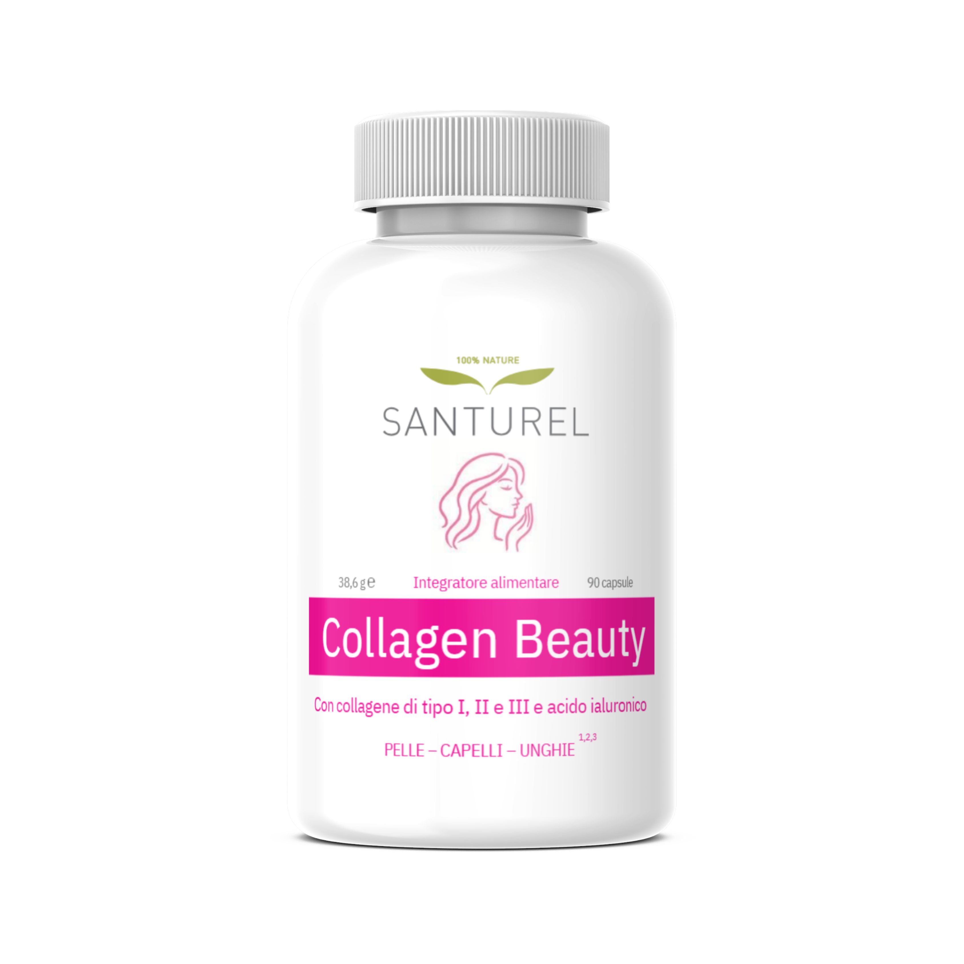 Weiße Flasche mit Kapseln. Aufschrift: Santurel Collagen Beauty. Enthält Kollagen, Hyaluronsäure. Für Haut, Haare, Nägel.