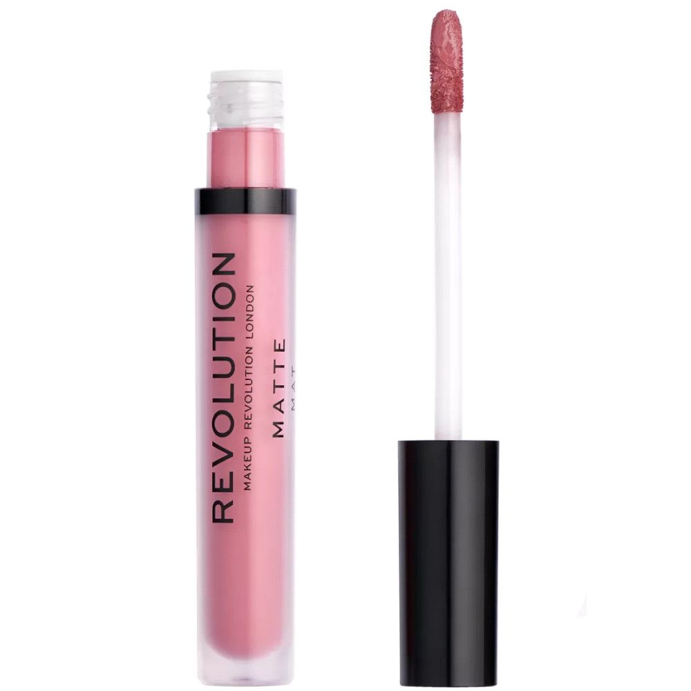Lipgloss-Tube mit rosa Inhalt und Applikator. Schwarzer Deckel, weißer Hals. Schriftzug: REVOLUTION LONDON MATTE.