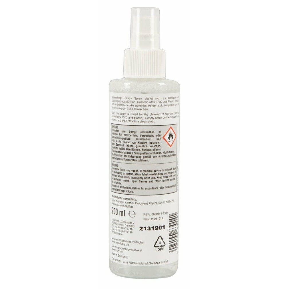 Reinigungsspray für Erotikspielzeug. Weiße Flasche mit blauem Etikett. Aufschrift: SPECIAL CLEANER, LOVE TOYS. Mit blauen Piktogrammen.